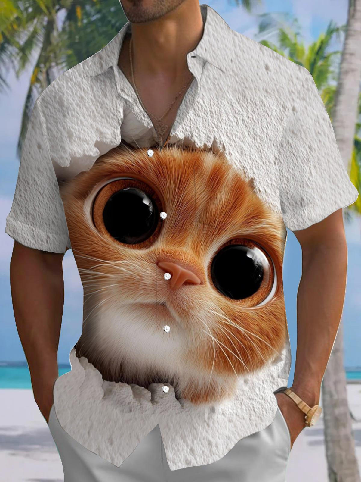 Cat Print Men's Pocket Short Sleeve Shirts