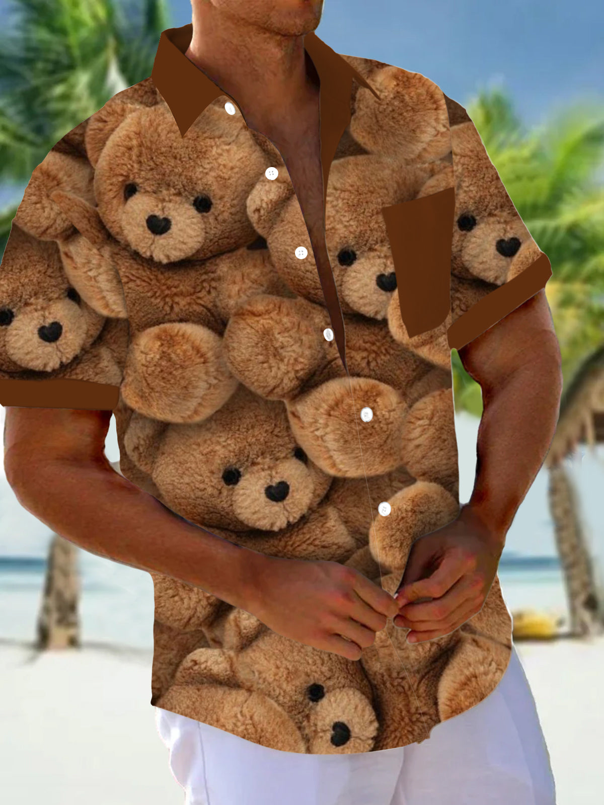 Bear Print Men's Pocket Short Sleeve Shirts