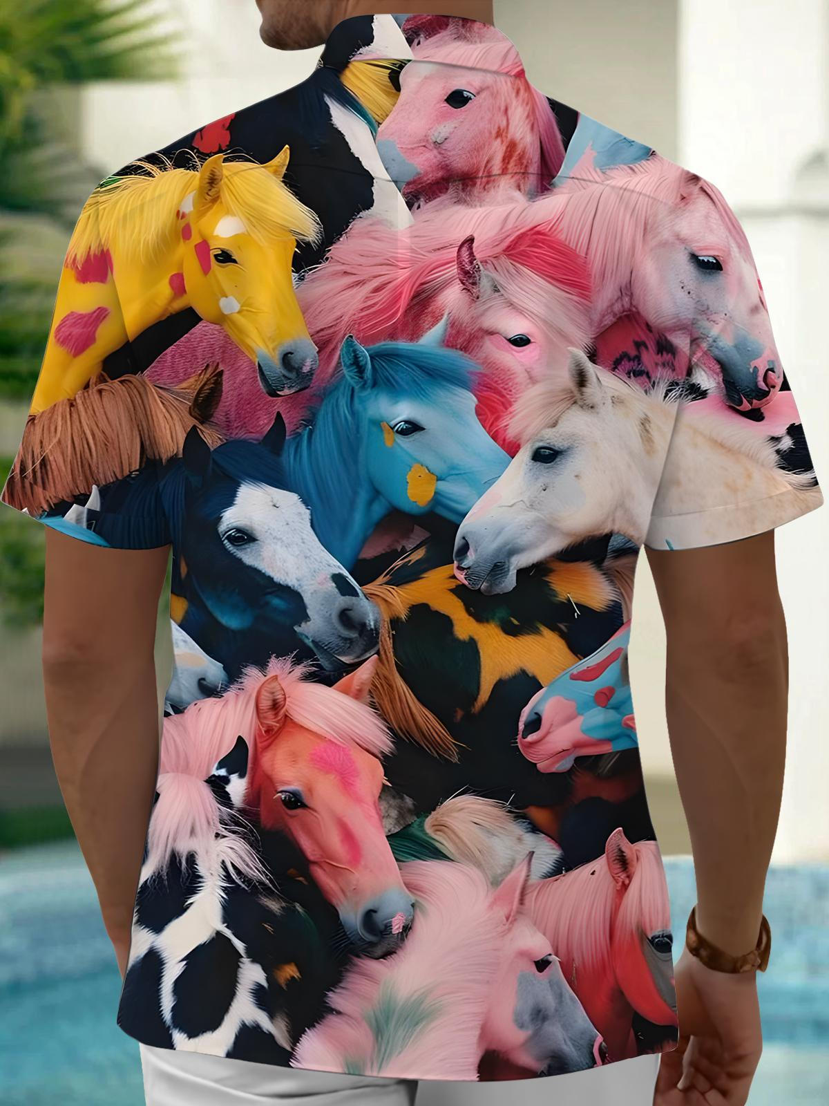 Horse Print Men's Pocket Short Sleeve Shirts