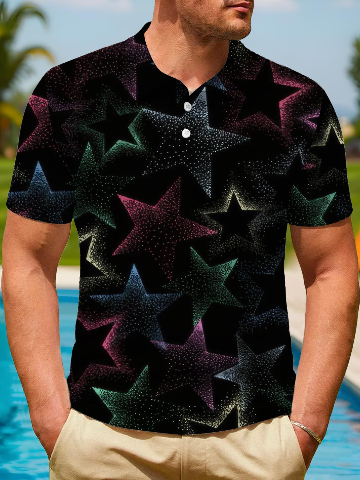 Star Print Men's Short Sleeve Button Polo Shirt