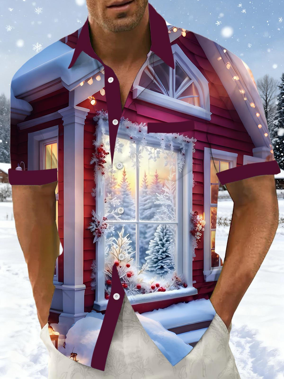 Christmas Window Men's Pocket Short Sleeve Shirts