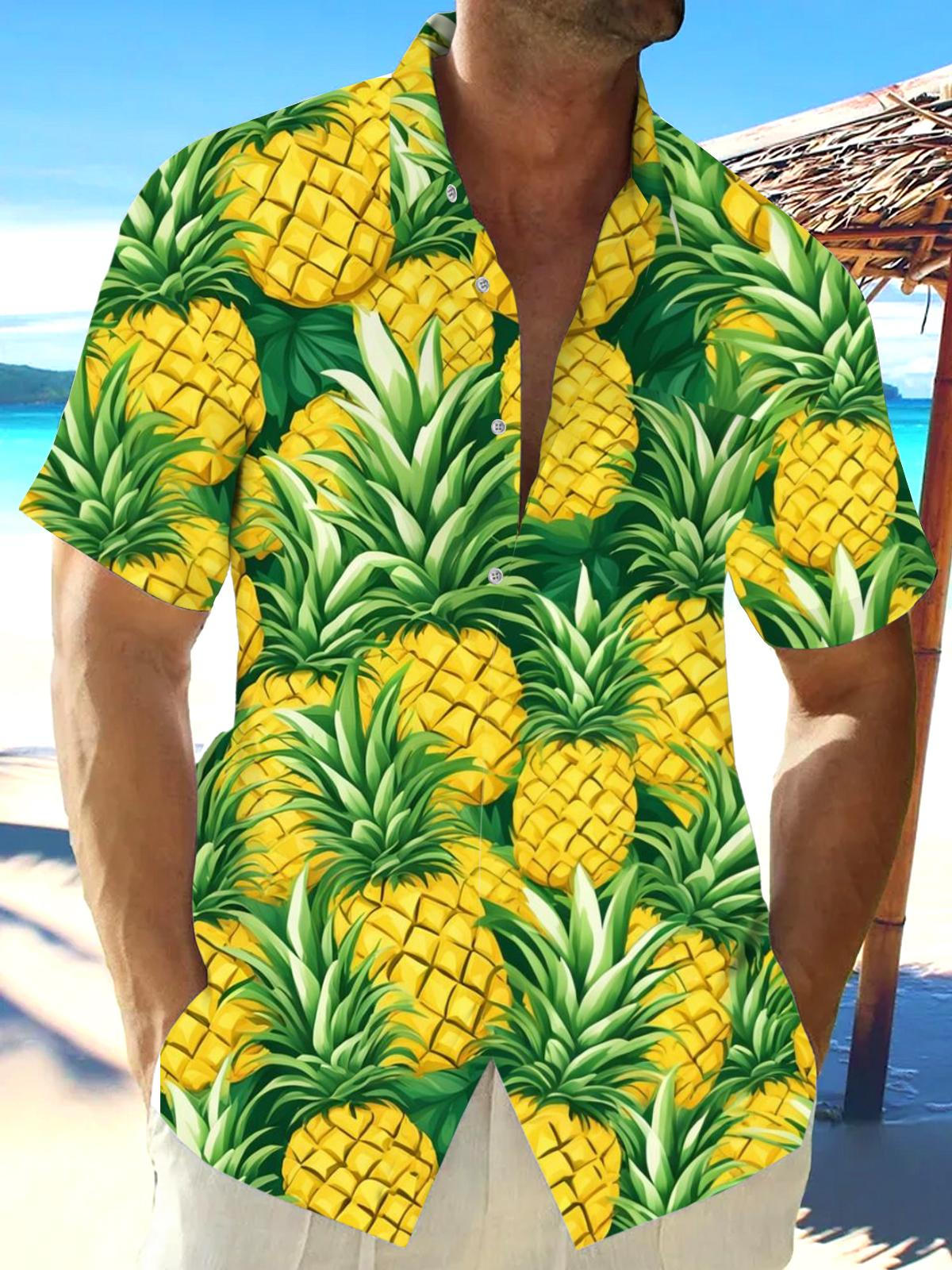 Hawaiian Pineapple Print Men's Pocket Short Sleeve Shirts