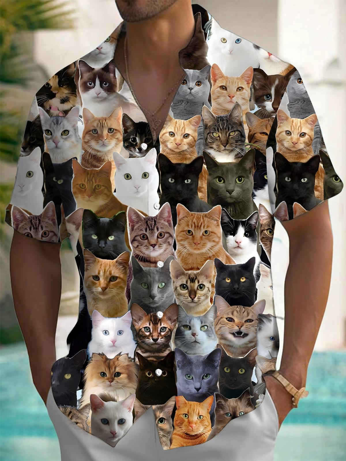 Cat Print Men's Pocket Short Sleeve Shirts