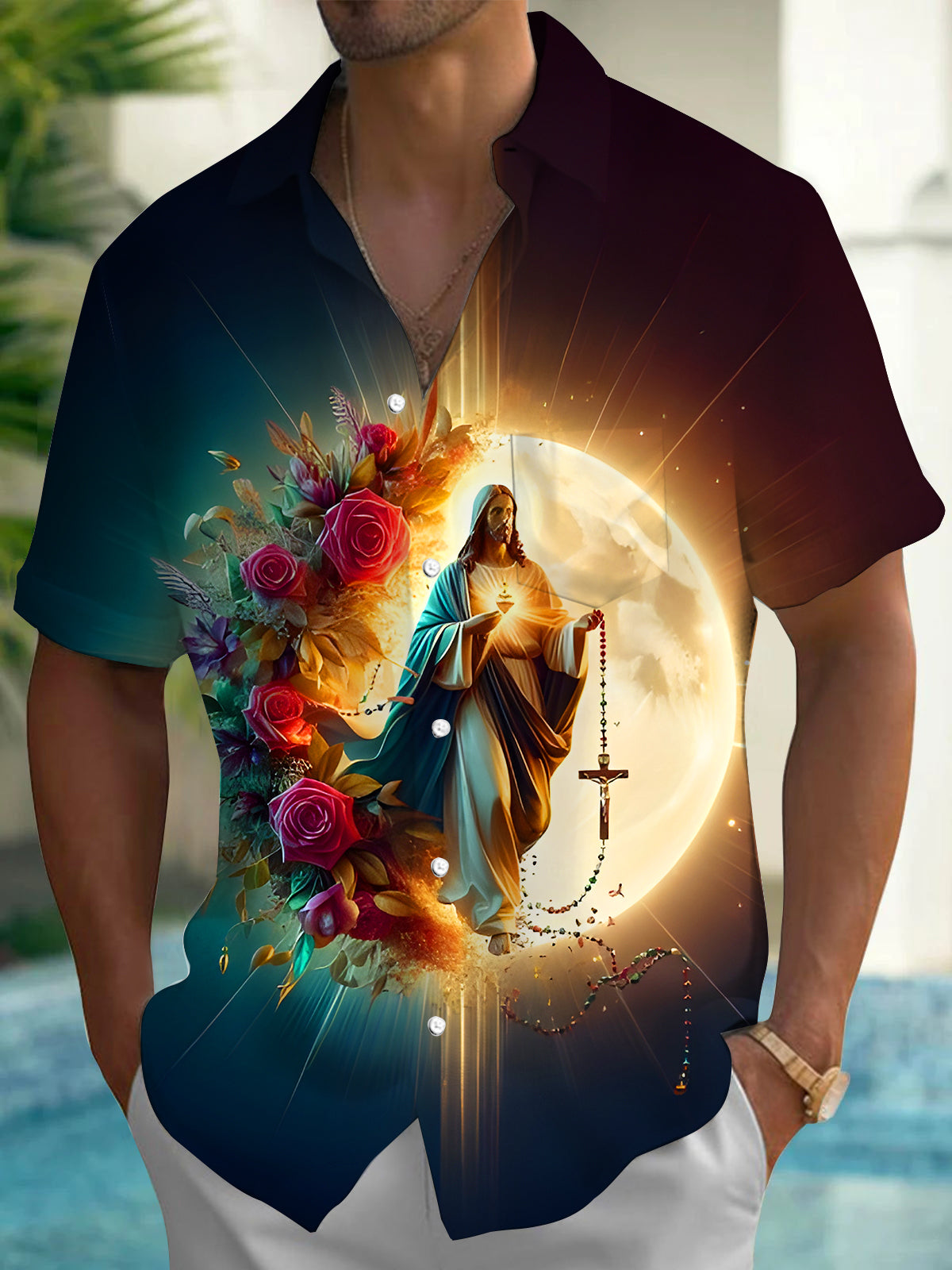 Jesus Cross Gradient Moon Floral Men's Pocket Short Sleeve Shirts