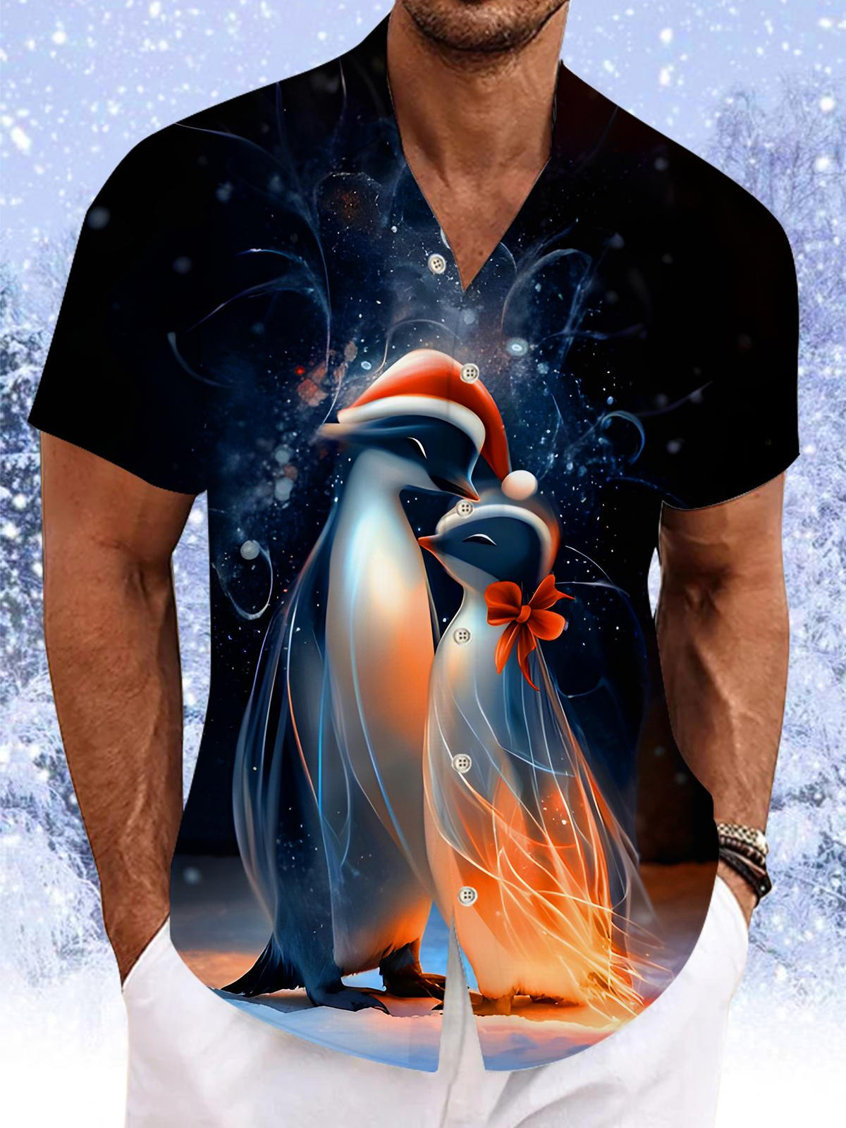 Fun Christmas Penguin Snowflakes Xmas Men's Pocket Short Sleeve Shirts