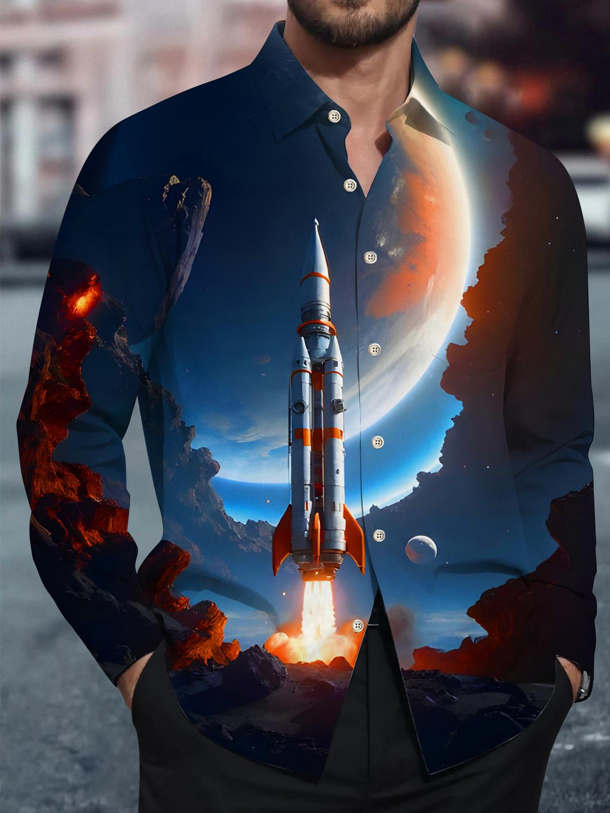 Rocket Launch In Space Men's Pocket Long Sleeve Shirts