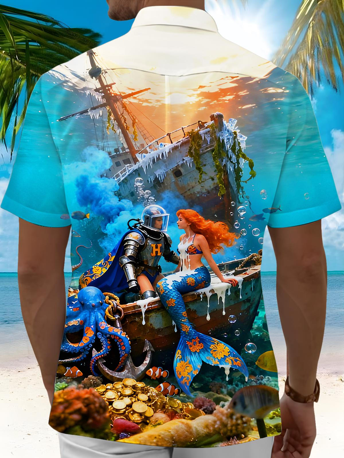 Funny Mermaid Octopus Boat Marine Life Men's Pocket Short Sleeve Shirts