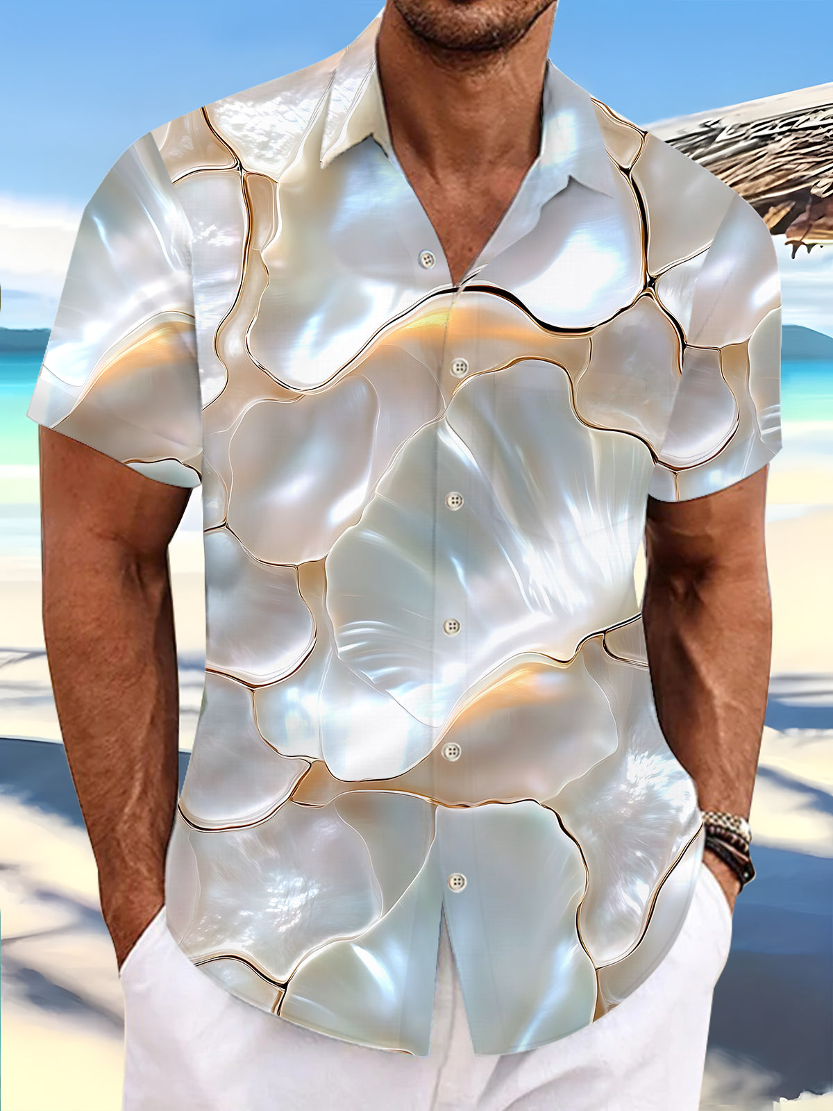 Shell Print Men's Pocket Short Sleeve Shirts