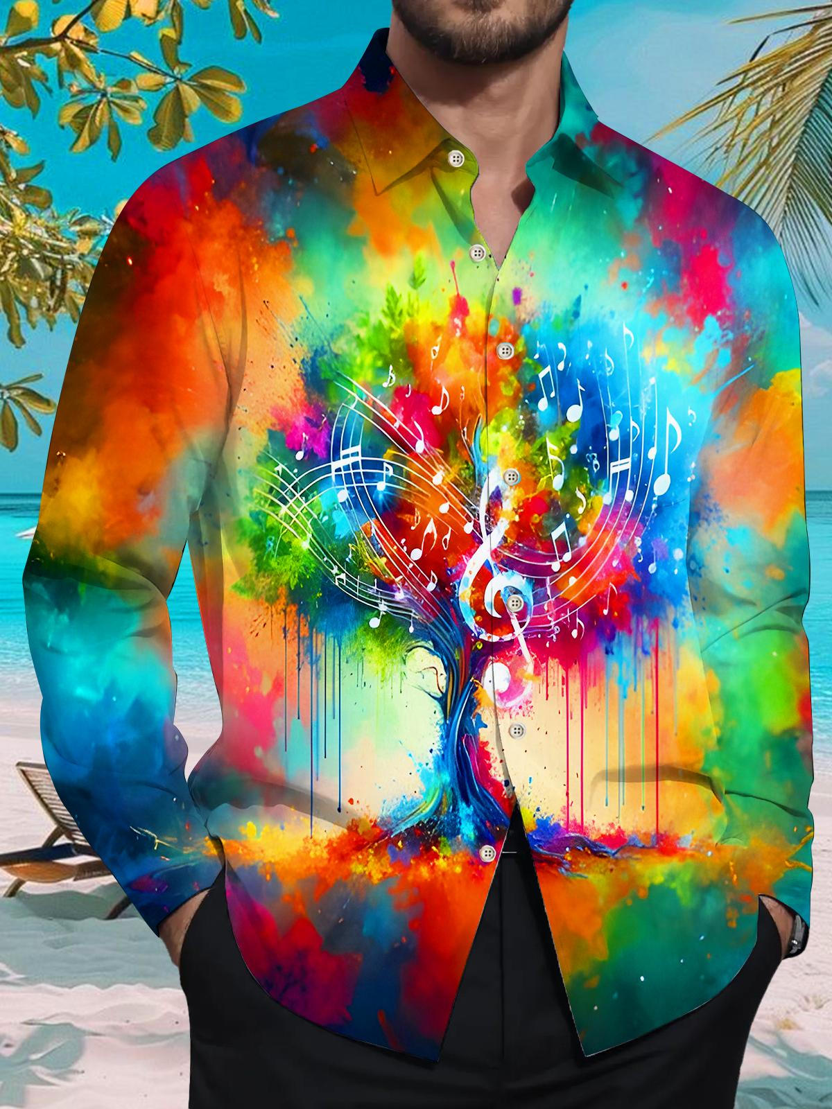 Colorful Tie Dye Music Note Tree Men's Pocket Long Sleeve Shirts
