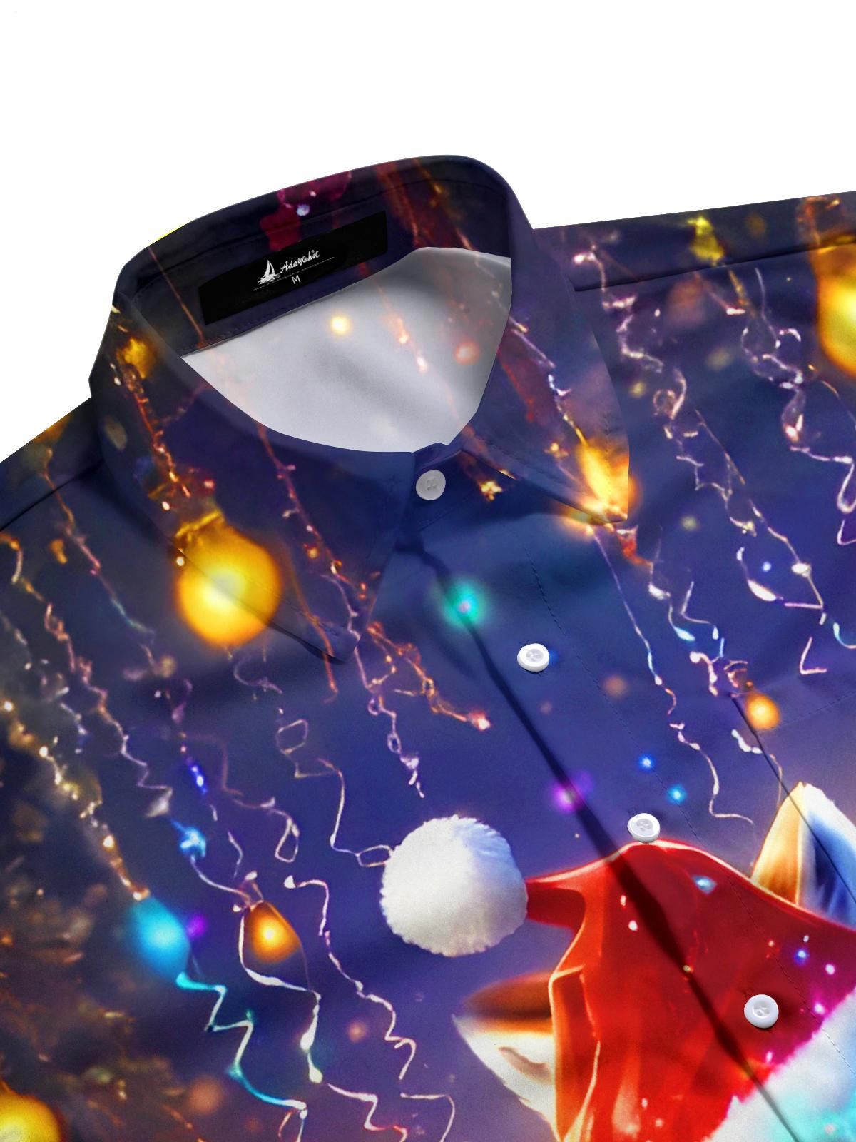 Funny Snow Fox Christmas Hat Lights Xmas Men's Pocket Short Sleeve Shirts