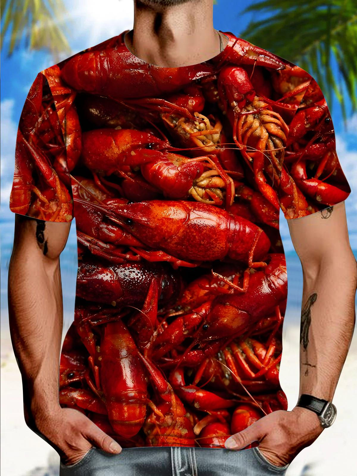 Crayfish Print Round Neck Short Sleeve Men's T-shirt