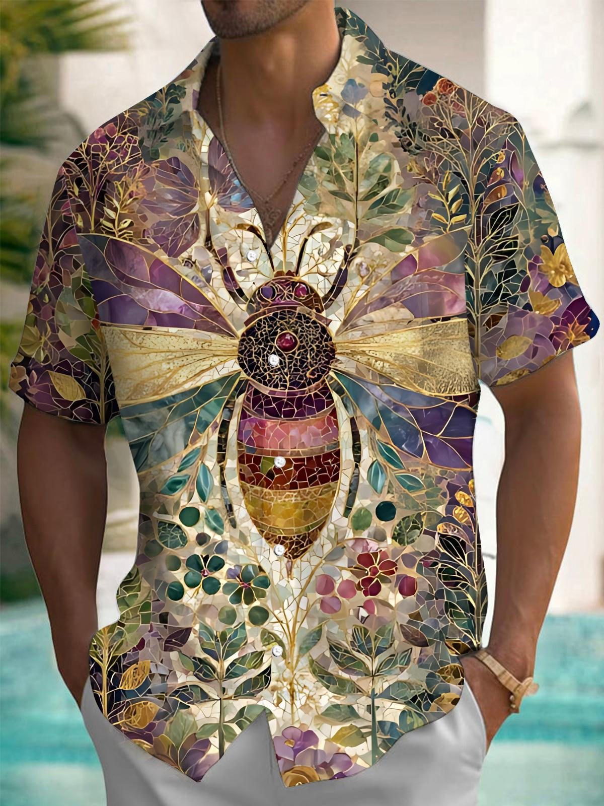 Bee Floral Print Men's Pocket Short Sleeve Shirts