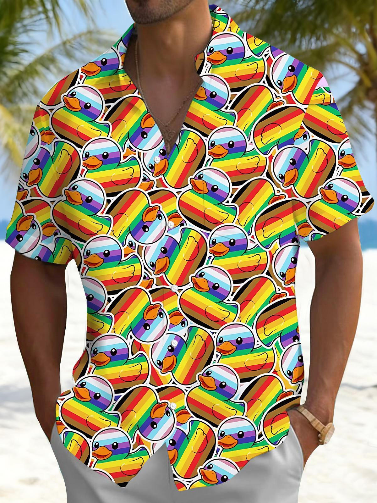 Rainbow Duck Print Men's Pocket Short Sleeve Shirts