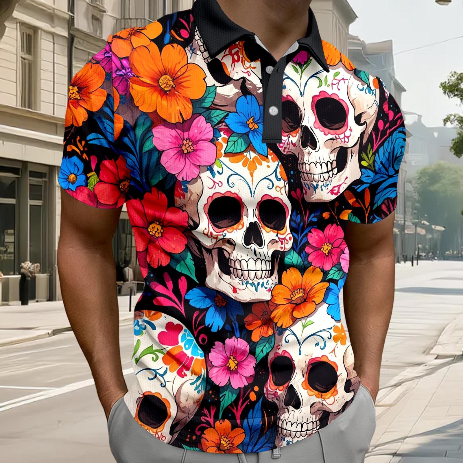 Skull Collared Tee Shirt for Men Waffle Floral Summer Short Sleeve Fashion Button Graphic Tee Shirt for Beach consistent