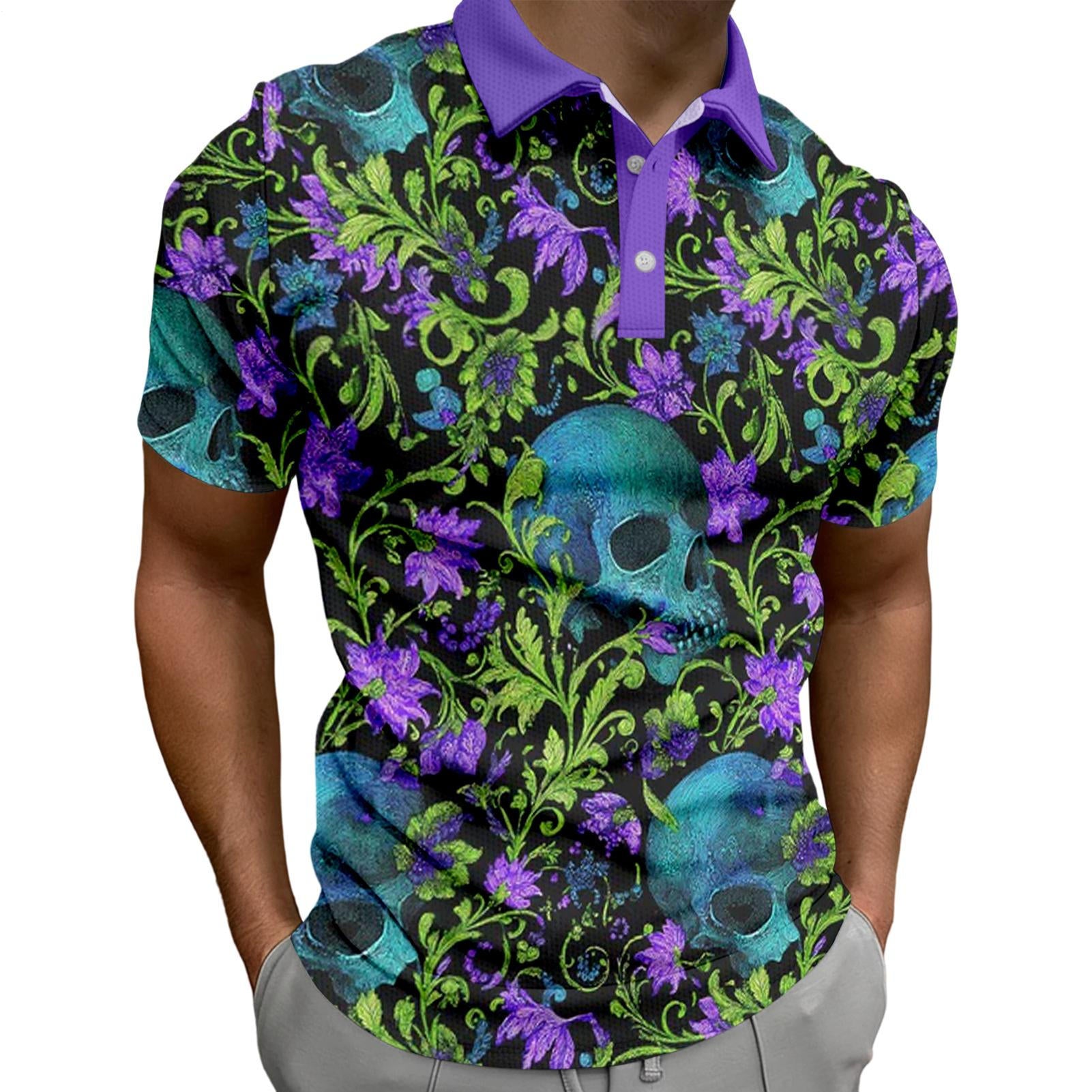 Skull Collared Tee Shirt for Men Waffle Floral Summer Short Sleeve Fashion Button Graphic Tee Shirt for Beach consistent