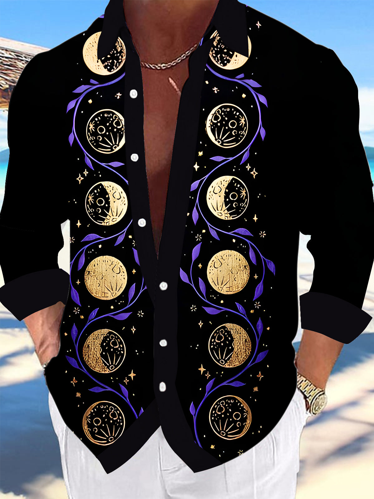 Golden-Purple Lunar Phases With Vine Men's Pocket Long Sleeve Shirts
