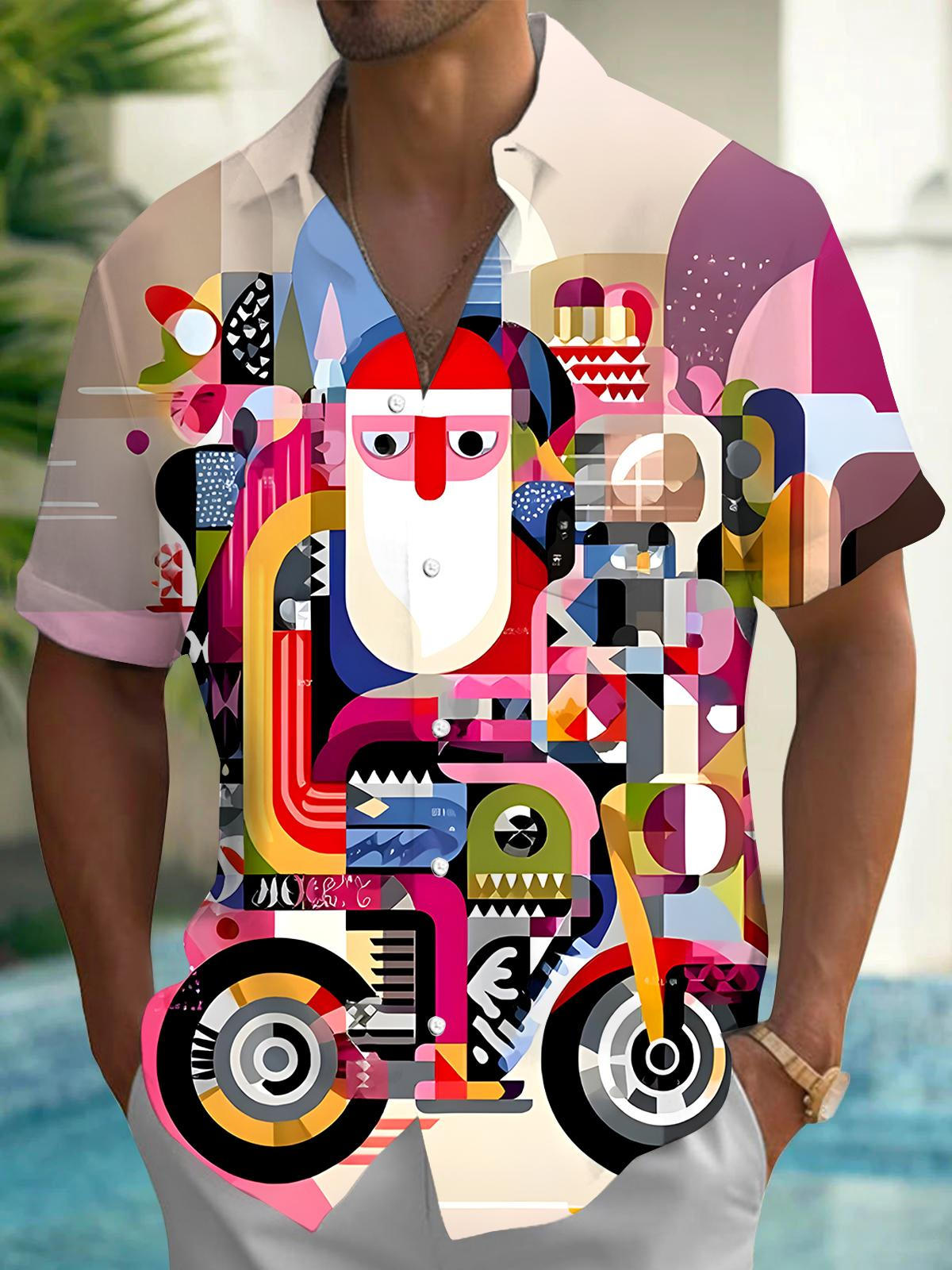 Funny Santa Claus Motorcycle Men's Pocket Short Sleeve Shirts