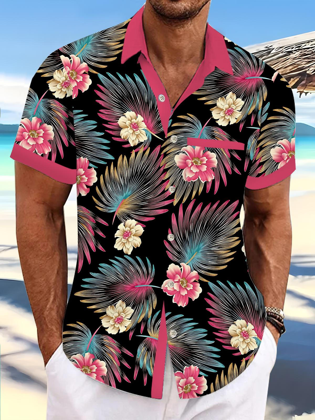 Plant Leaf Flower Print Men's Pocket Short Sleeve Shirts