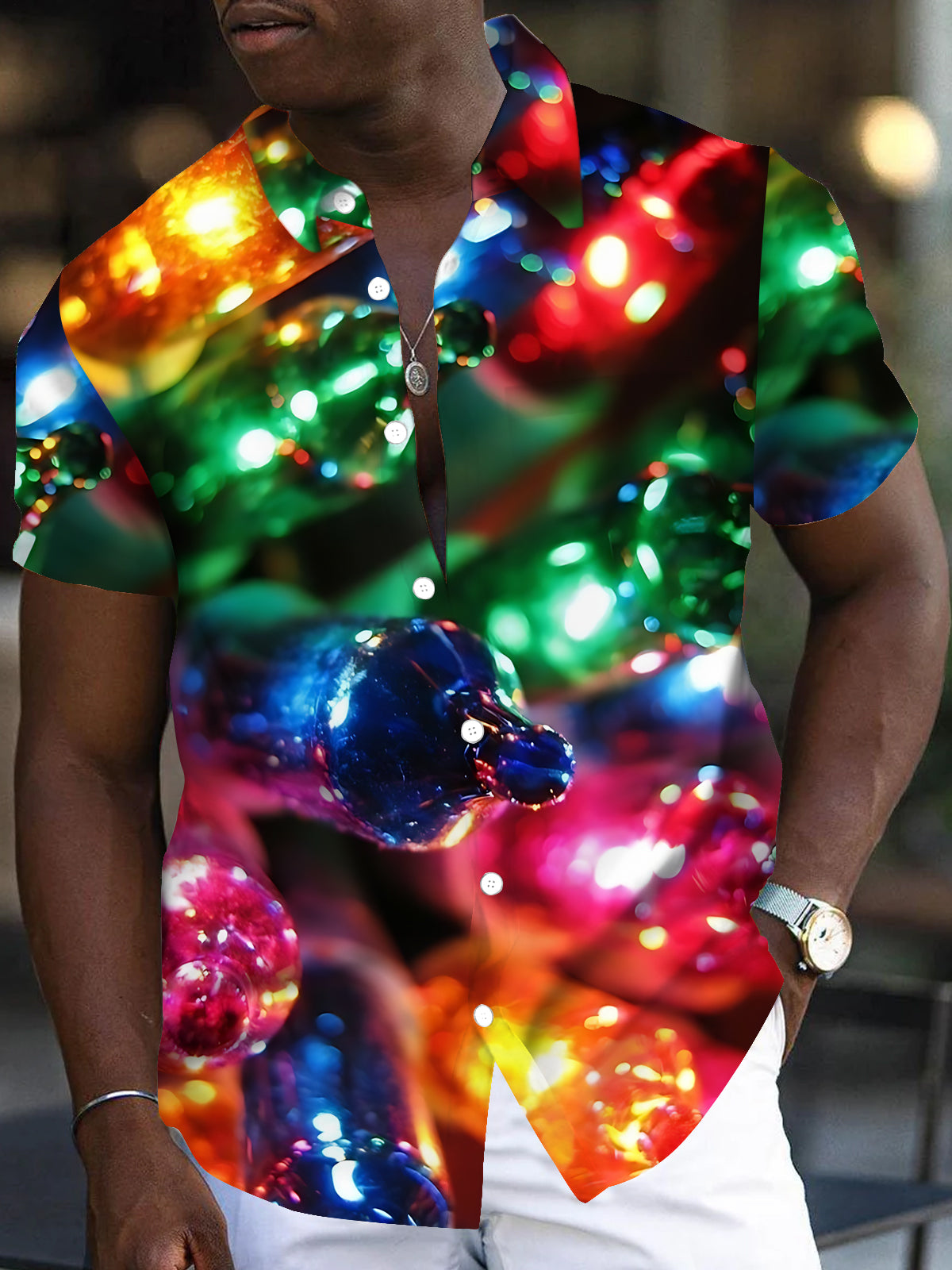 Colorful Christmas Light Print Men's Pocket Short Sleeve Shirts