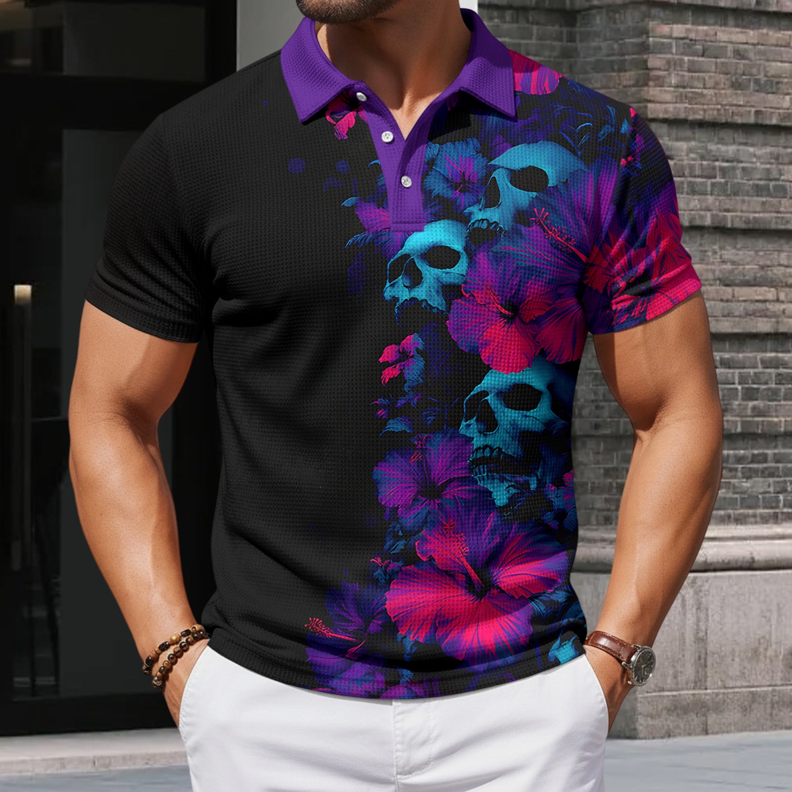 Skull Collared Tee Shirt for Men Waffle Floral Summer Short Sleeve Fashion Button Graphic Tee Shirt for Beach consistent