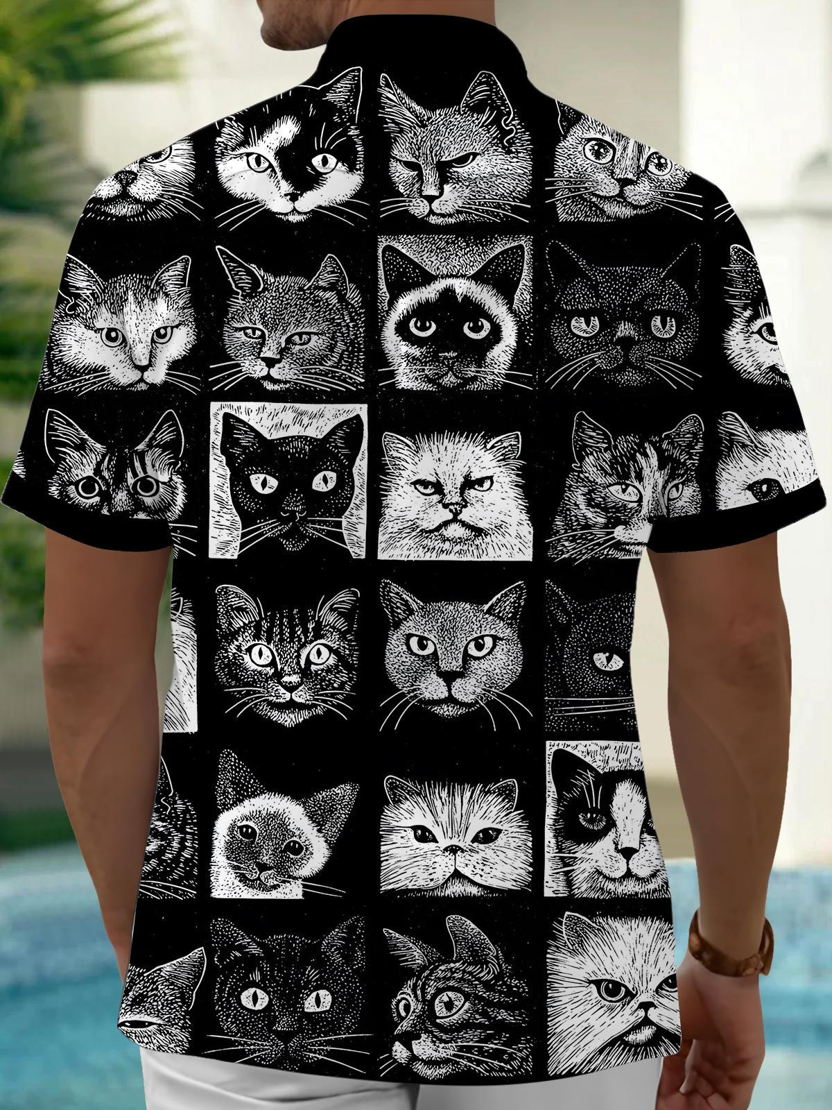 Cat Print Men's Pocket Short Sleeve Shirts