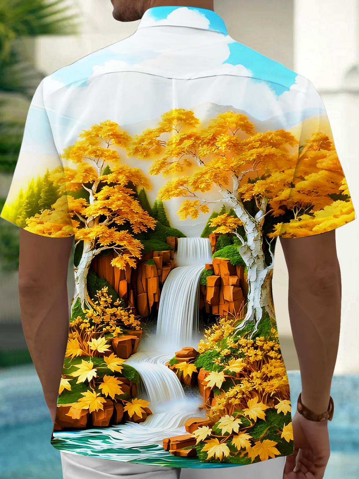 Autumn Maple Tree Waterfall Men's Pocket Short Sleeve Shirts