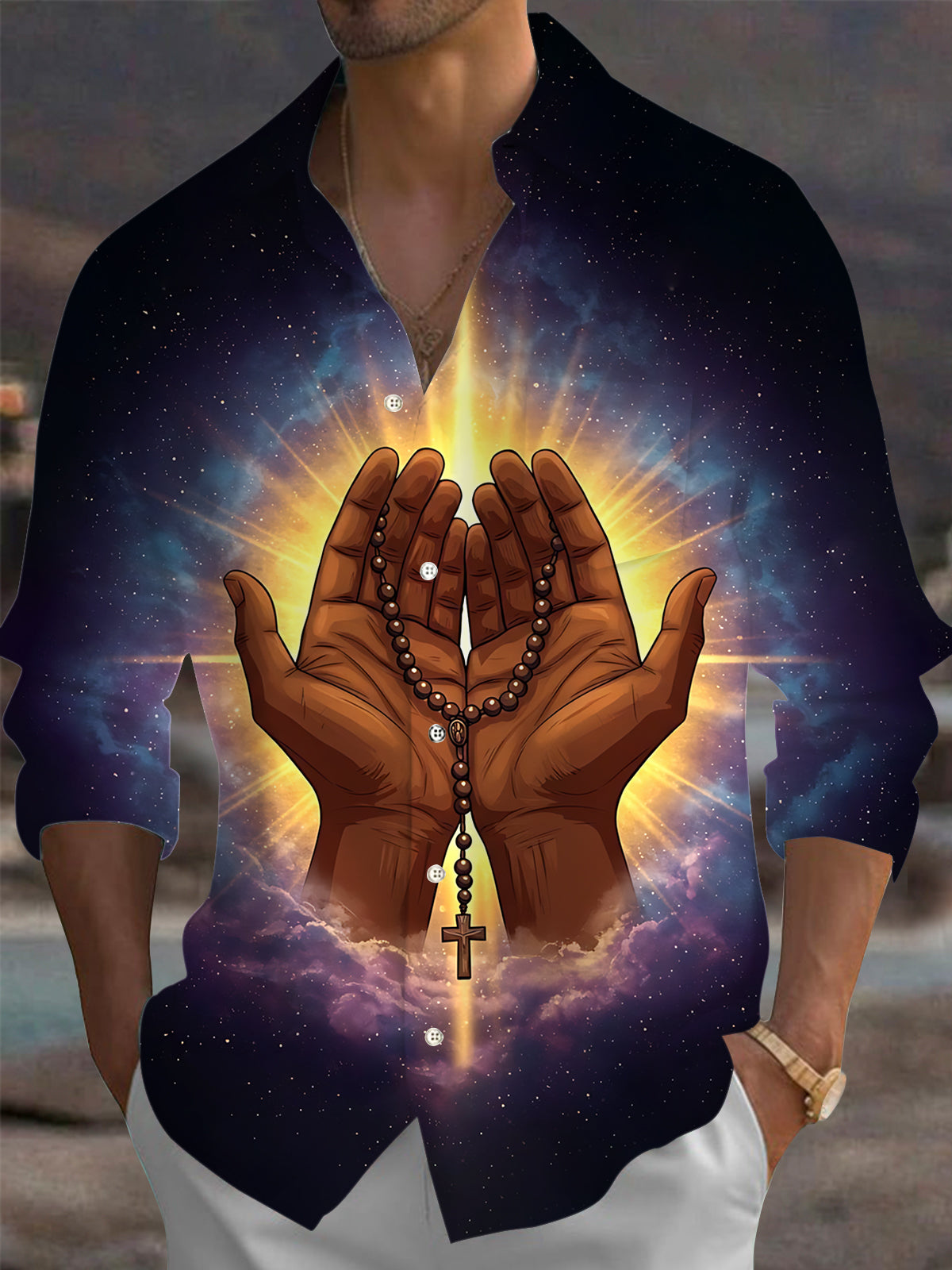 Christian Cross Print Men's Pocket Long Sleeve Shirts