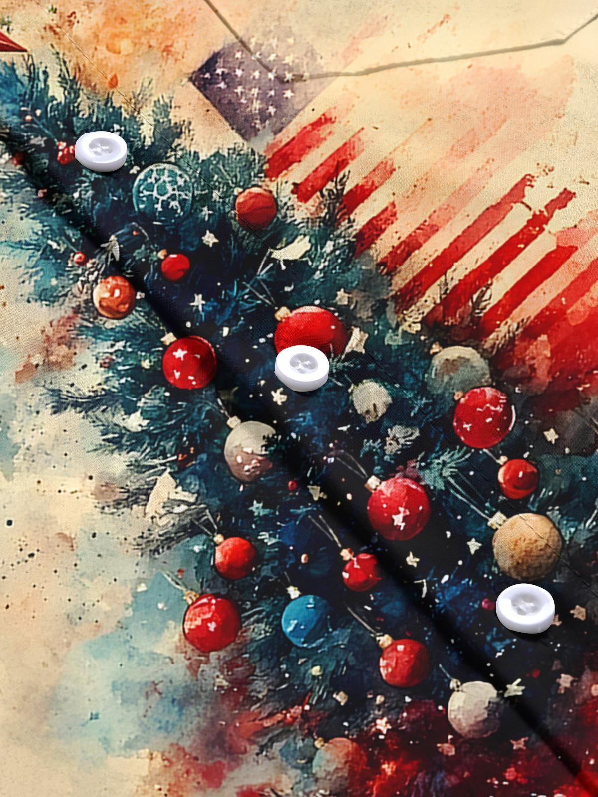 Christmas Tree American Flag Men's Pocket Long Sleeve Shirts