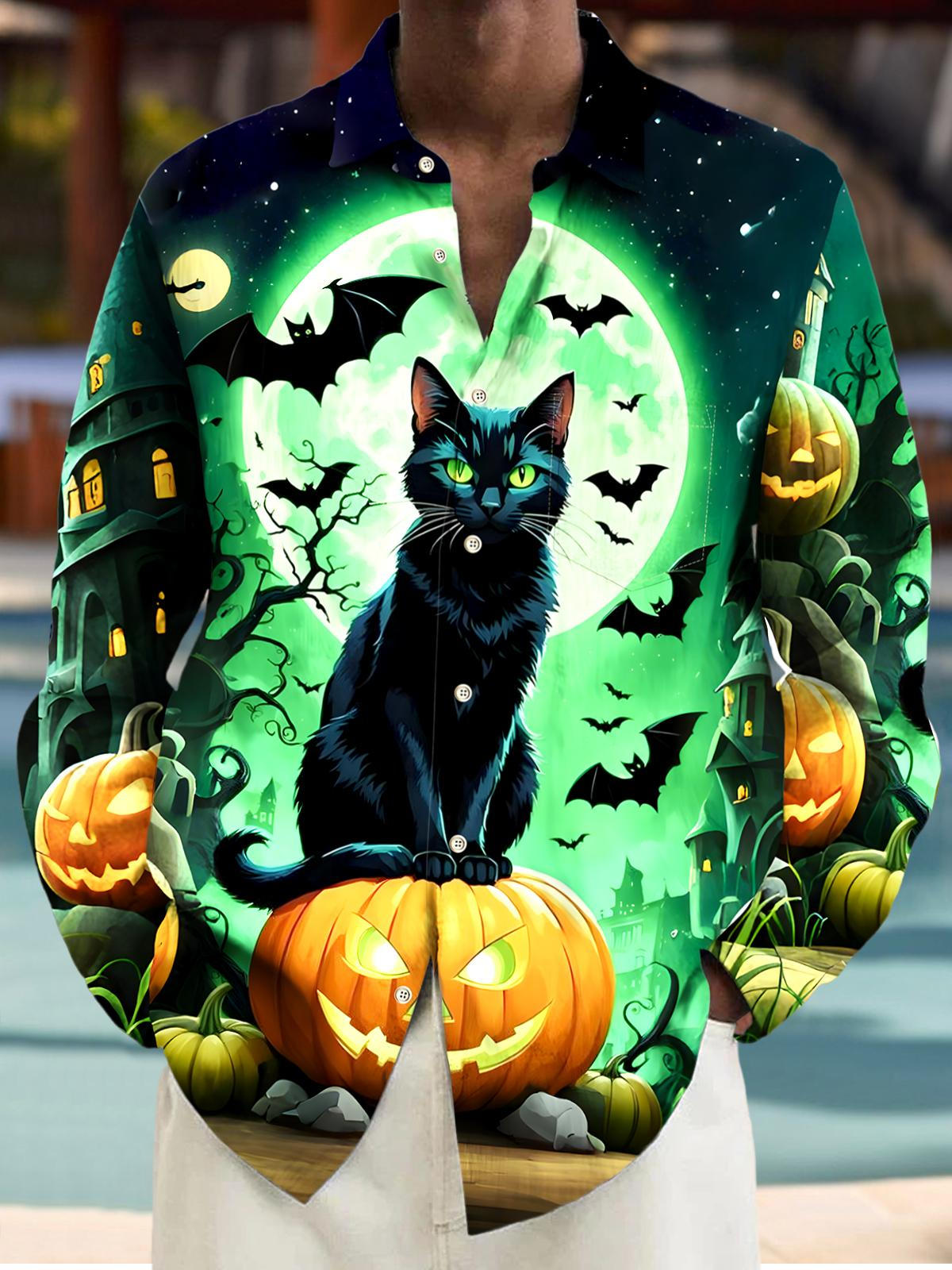 Halloween Cat Pumpkin Men's Pocket Long Sleeve Shirts