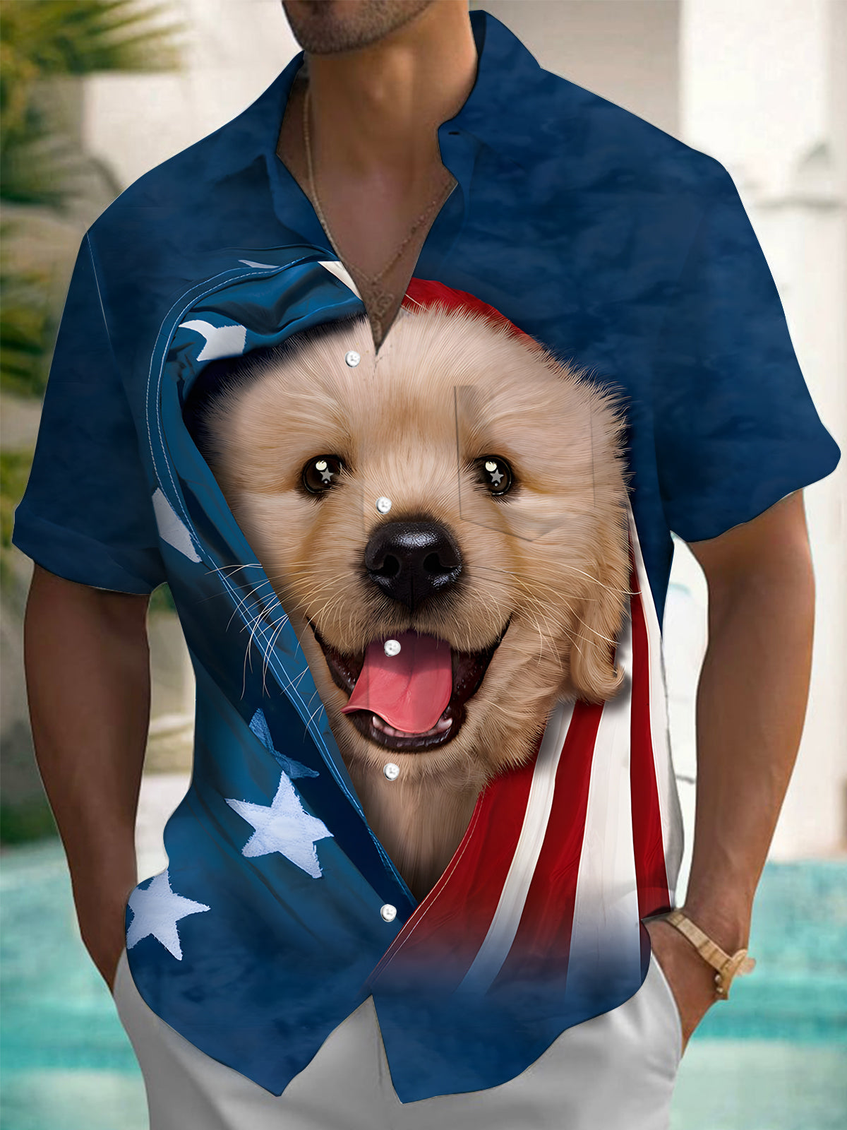 American Flag Puppy Print Men's Pocket Short Sleeve Shirts