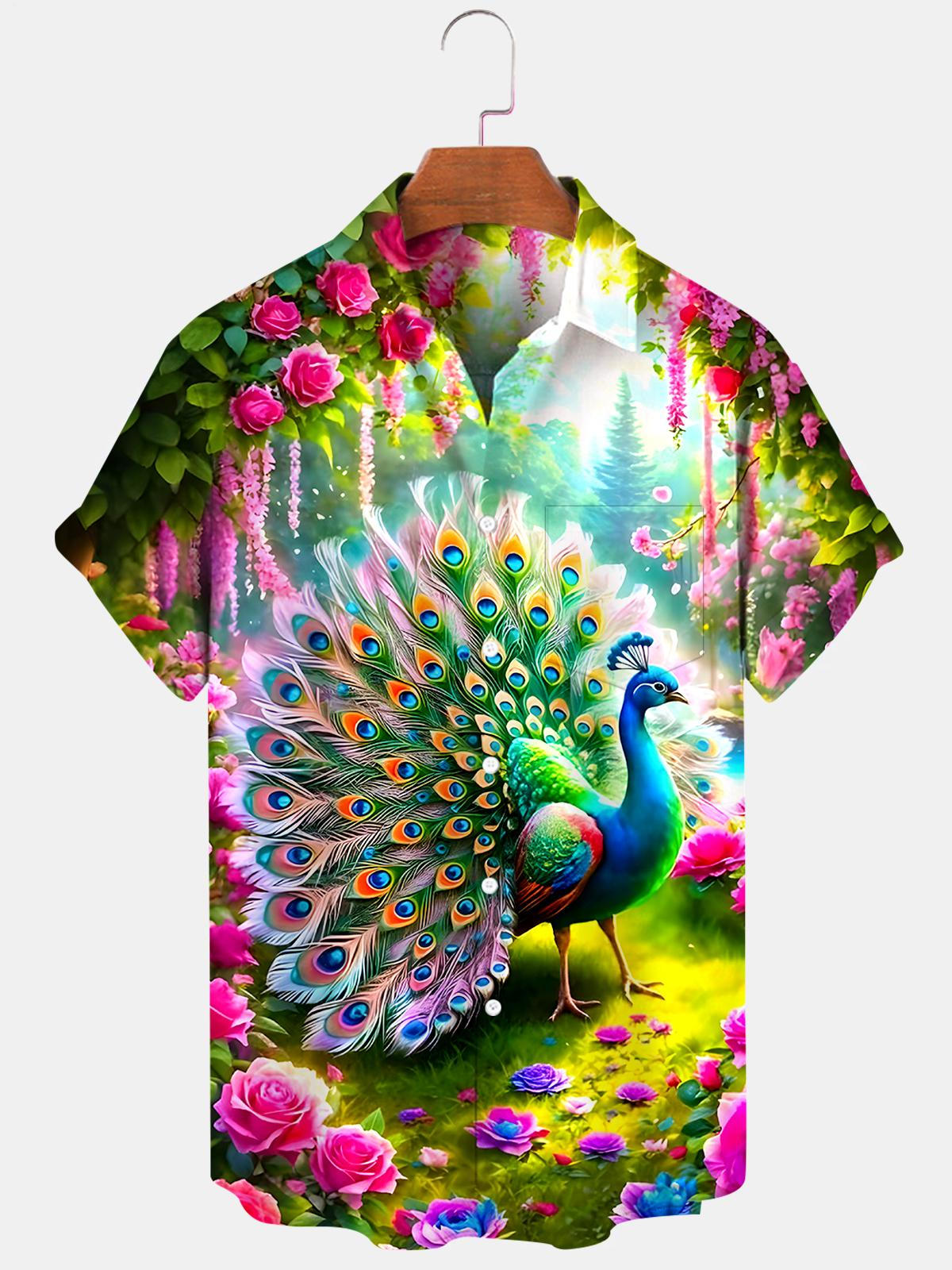 Peacock Floral Men's Pocket Short Sleeve Shirts