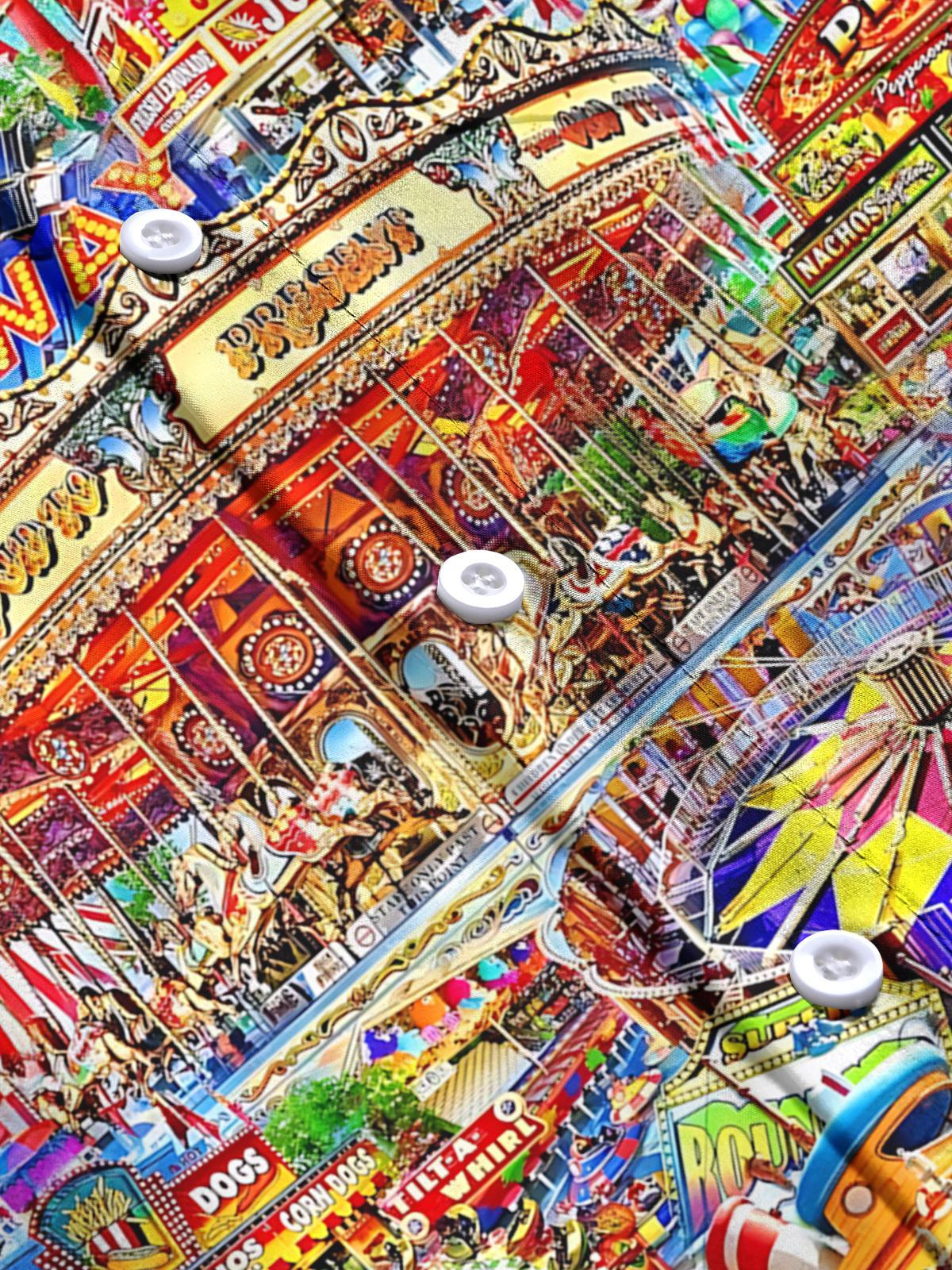 Amusement Park Print Men's Pocket Short Sleeve Shirts