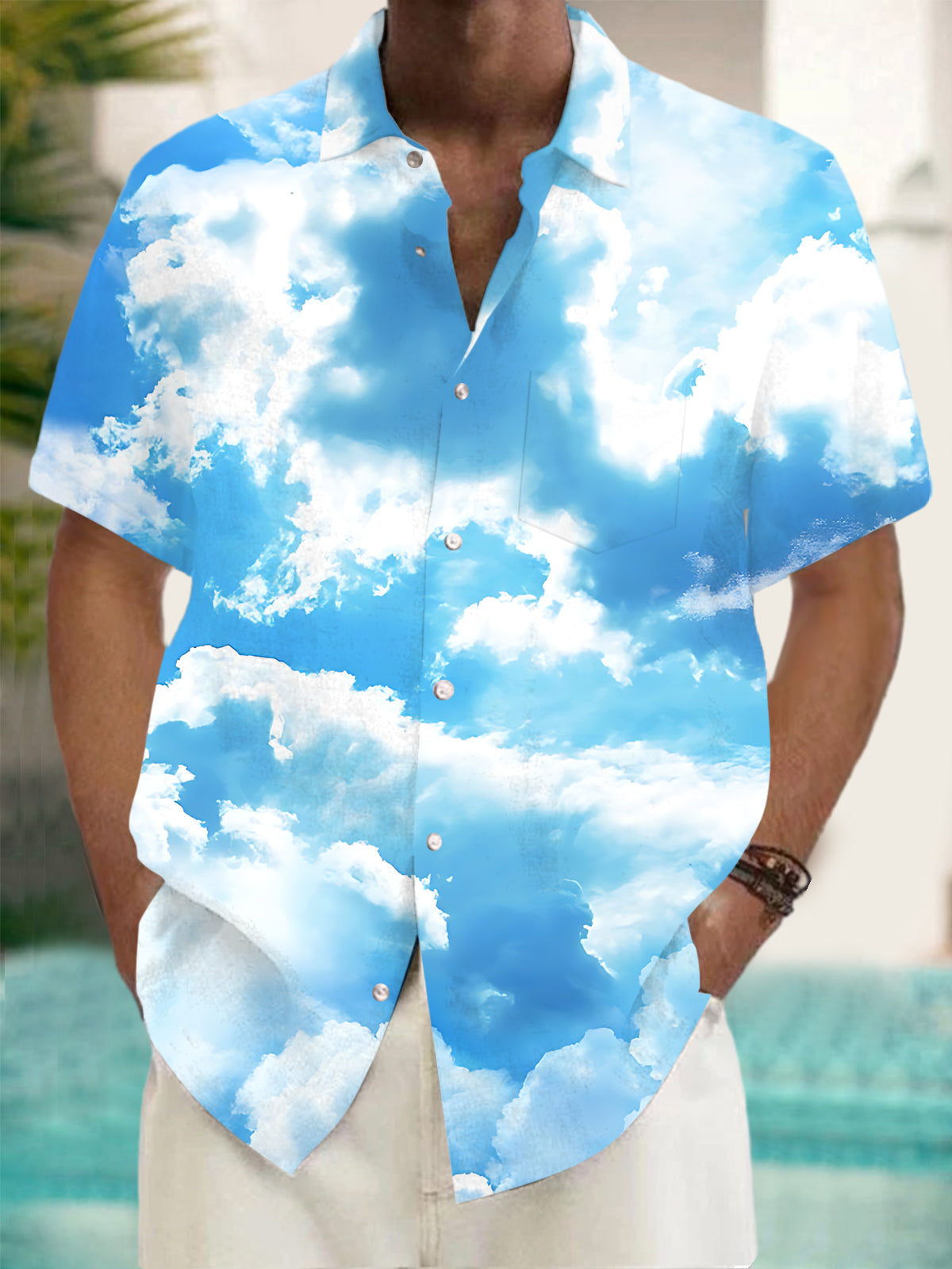 Sky Cloud Print Men's Pocket Short Sleeve Shirts