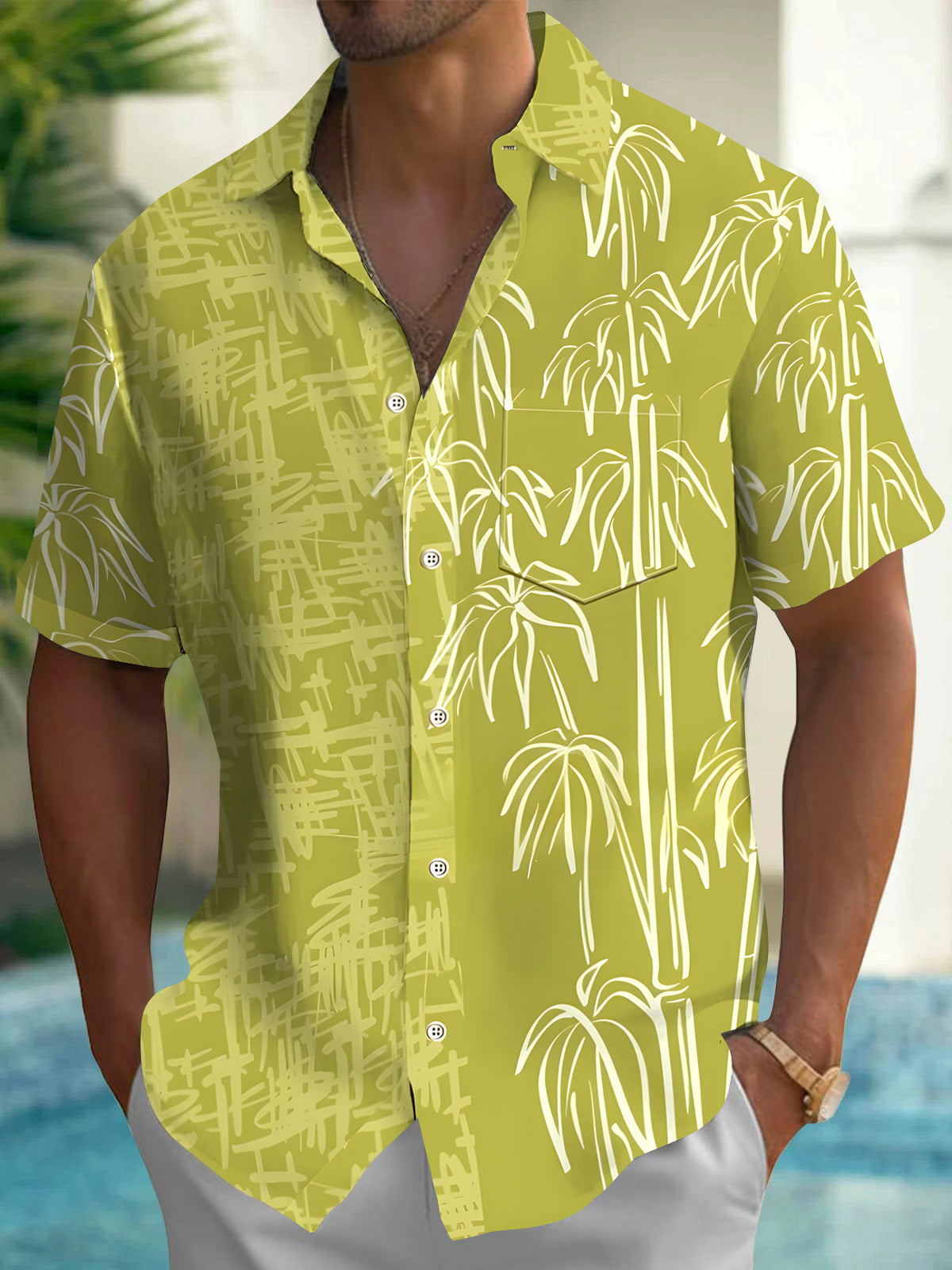 Bamboo Leaf Men's Pocket Short Sleeve Shirts