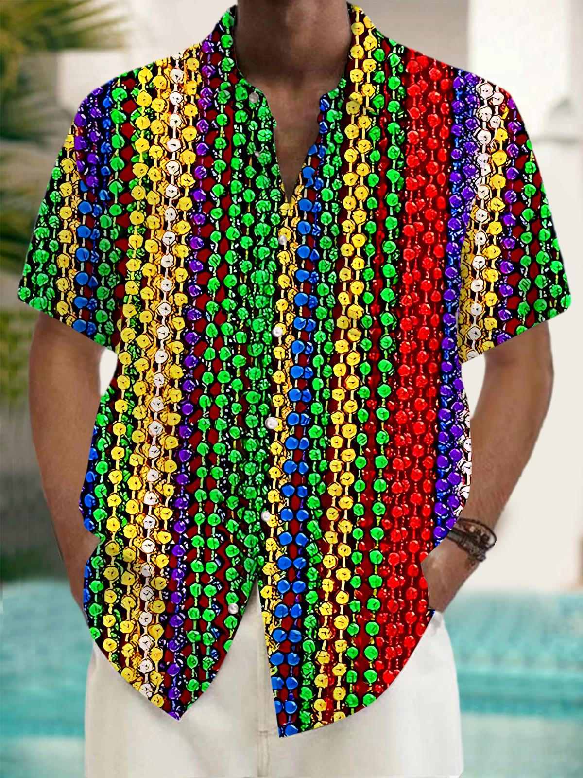 Mardi Gras Prayer Beads Print Men's Pocket Short Sleeve Shirts
