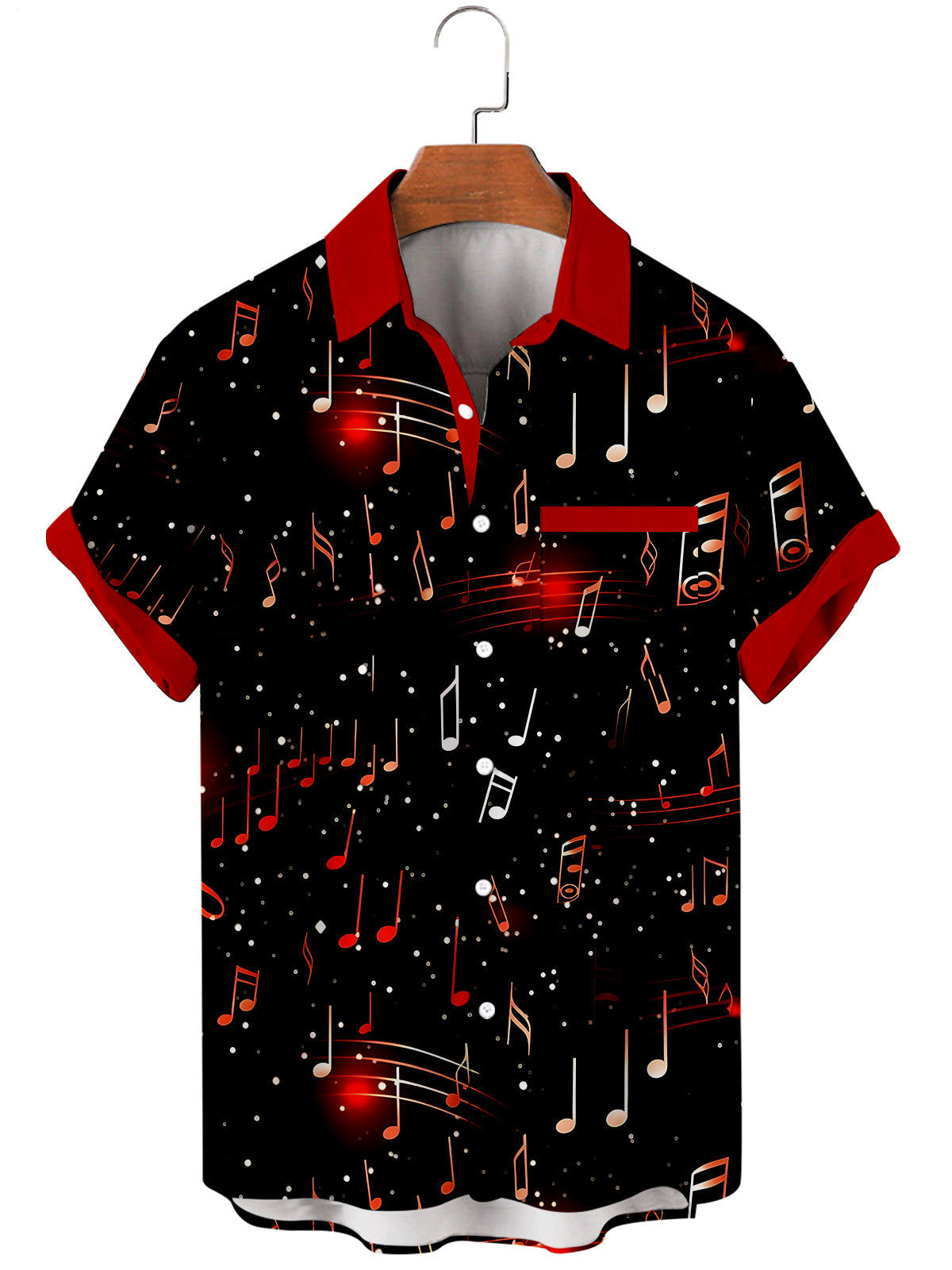 Music Note Print Men's Pocket Short Sleeve Shirts