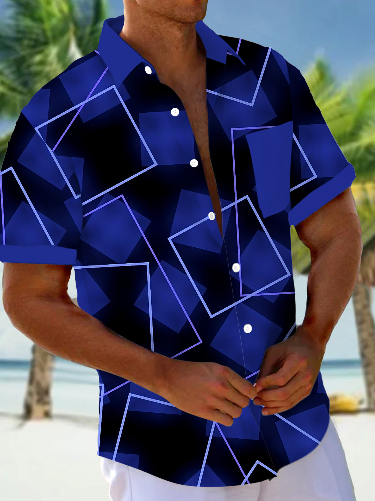 Geometric Square Print Men's Pocket Short Sleeve Shirts