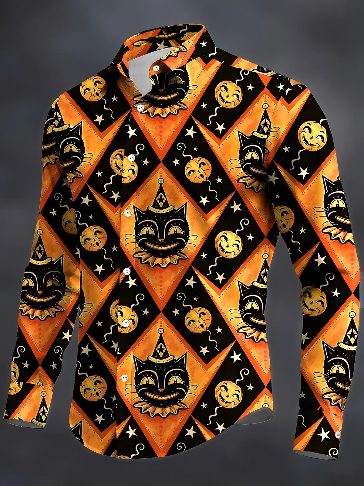 Halloween Cat Pumpkin Men's Pocket Long Sleeve Shirts