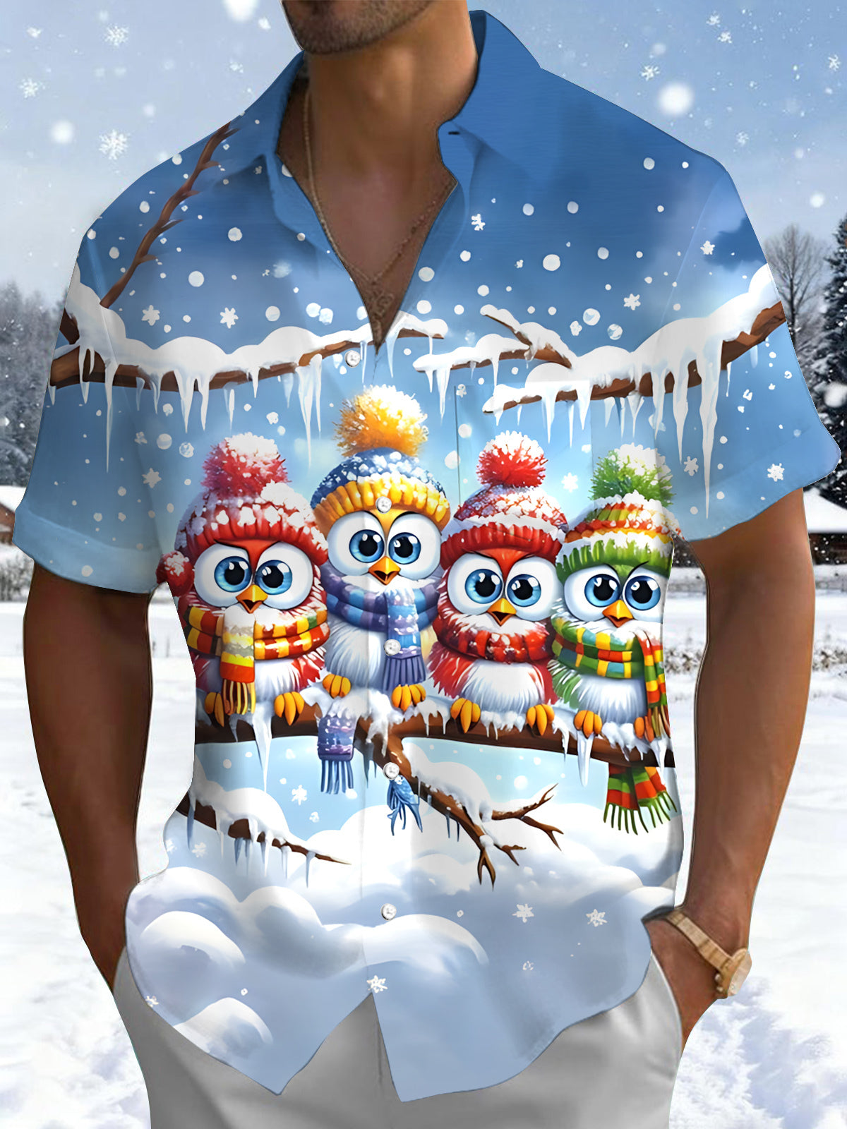 Owl Print Men's Pocket Short Sleeve Shirts