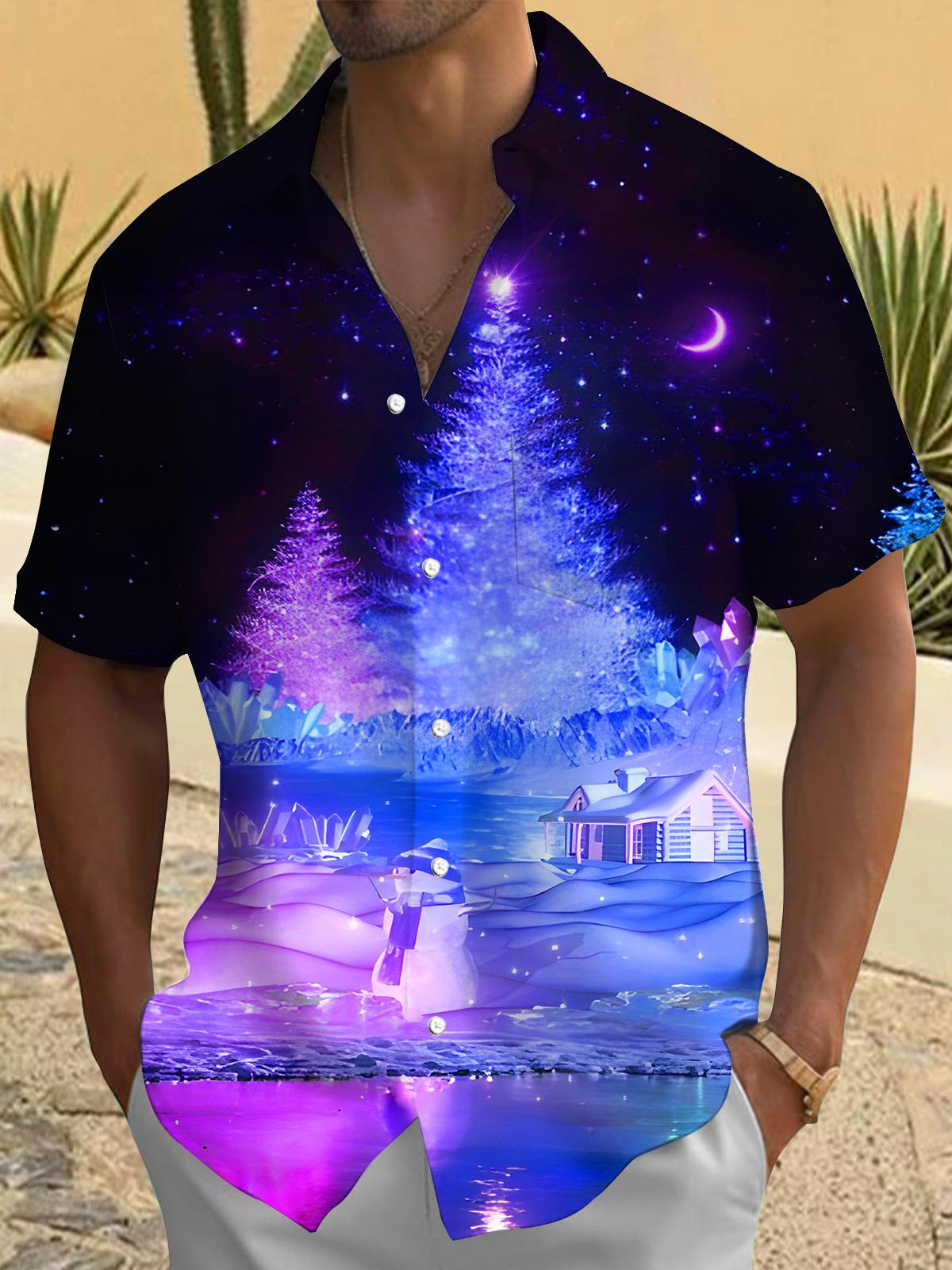 Psychedelic Ice Sculpture Christmas Tree Snowman Xmas Men's Pocket Short Sleeve Shirts