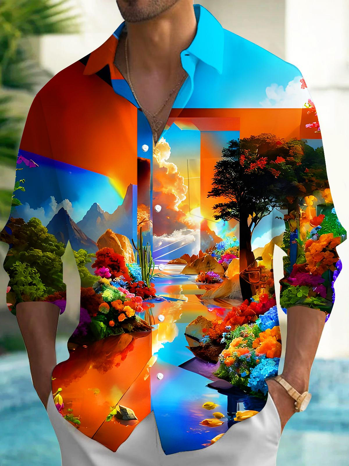 Plant Floral Mirror Water Feature Sunset Glow Mountains Geometry Men's Pocket Long Sleeve Shirts