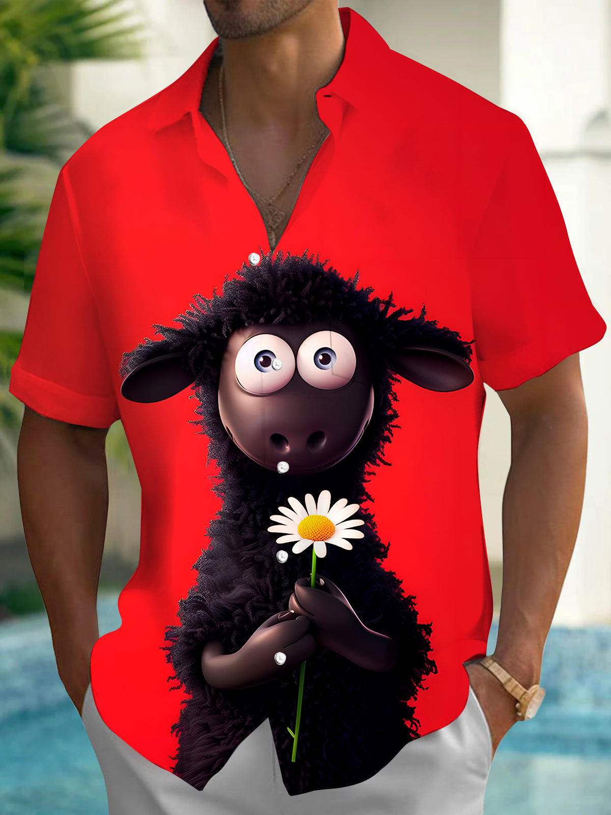 Sheep Floral Men's Pocket Short Sleeve Shirts