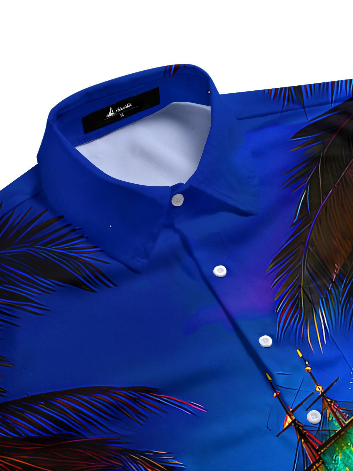 Hawaiian Coconut Tree Boat Men's Pocket Short Sleeve Shirts