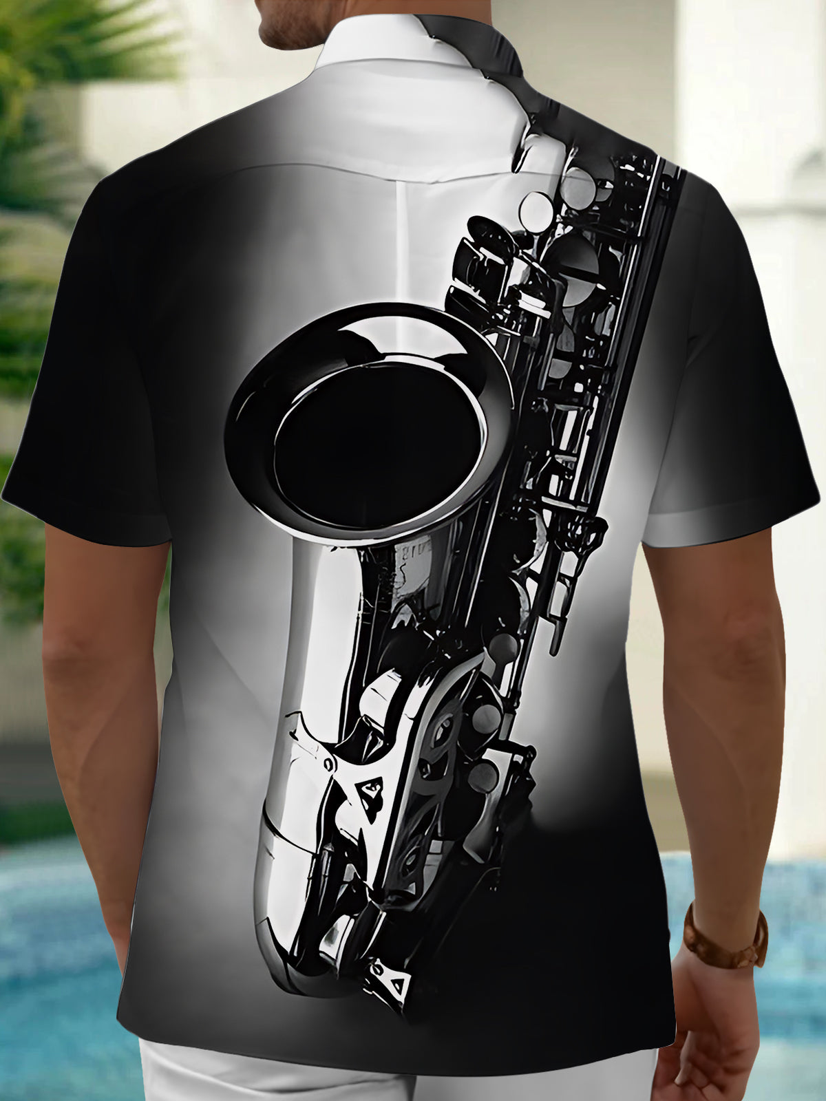 Musical Instrument Print Men's Pocket Short Sleeve Shirts