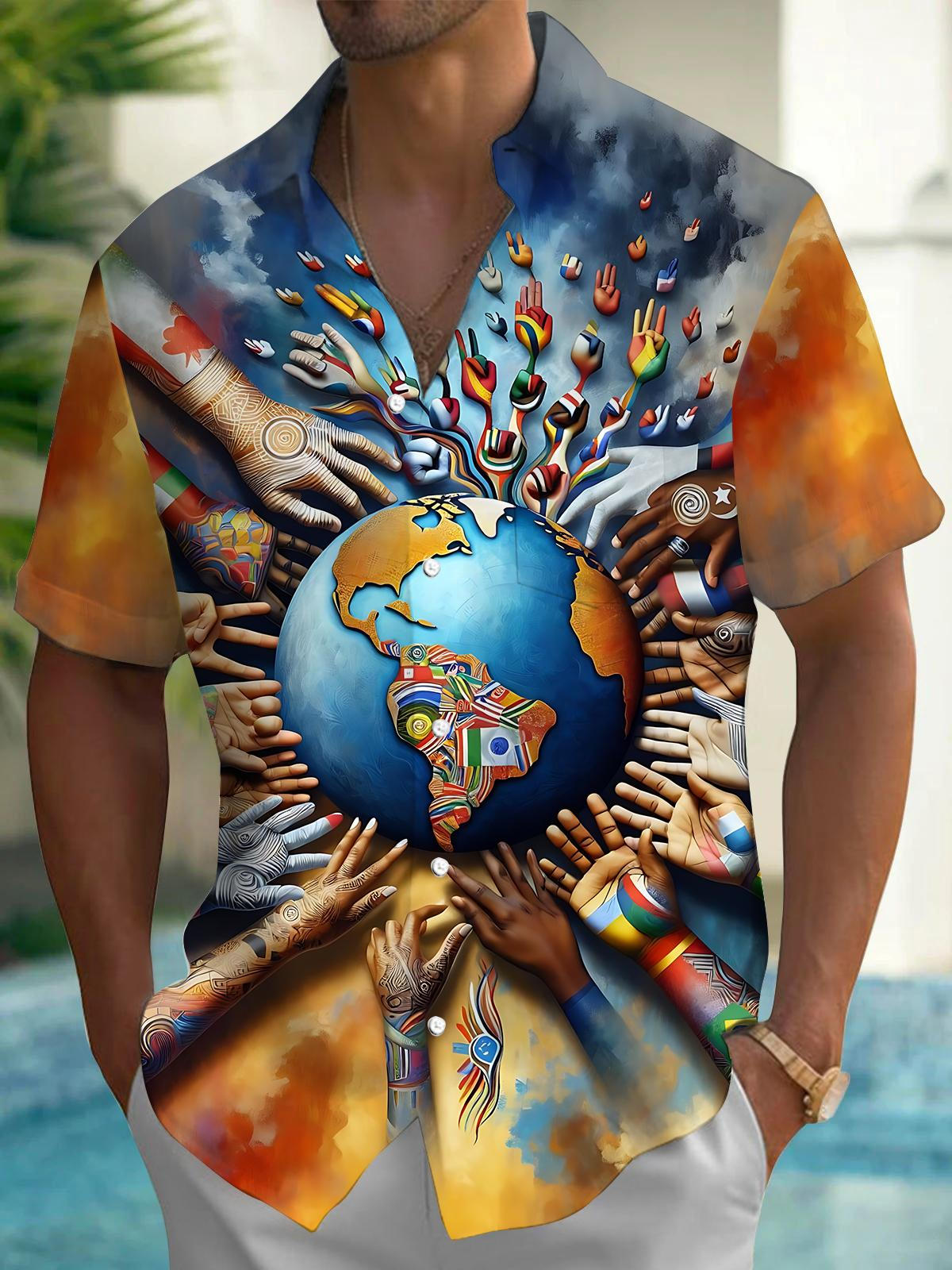 Earth Print Men's Pocket Short Sleeve Shirts