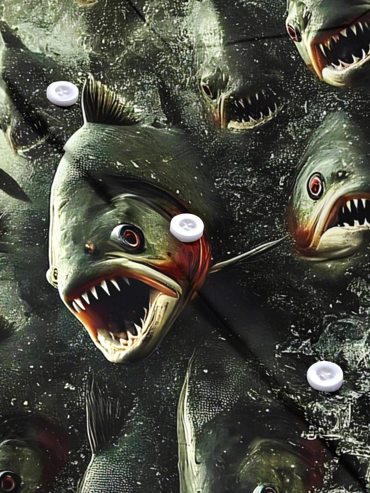 Piranhas Print Men's Pocket Short Sleeve Shirts