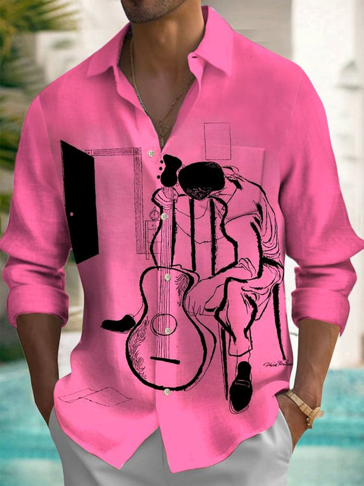 Musical Print Long Sleeve Men's Shirts With Pocket