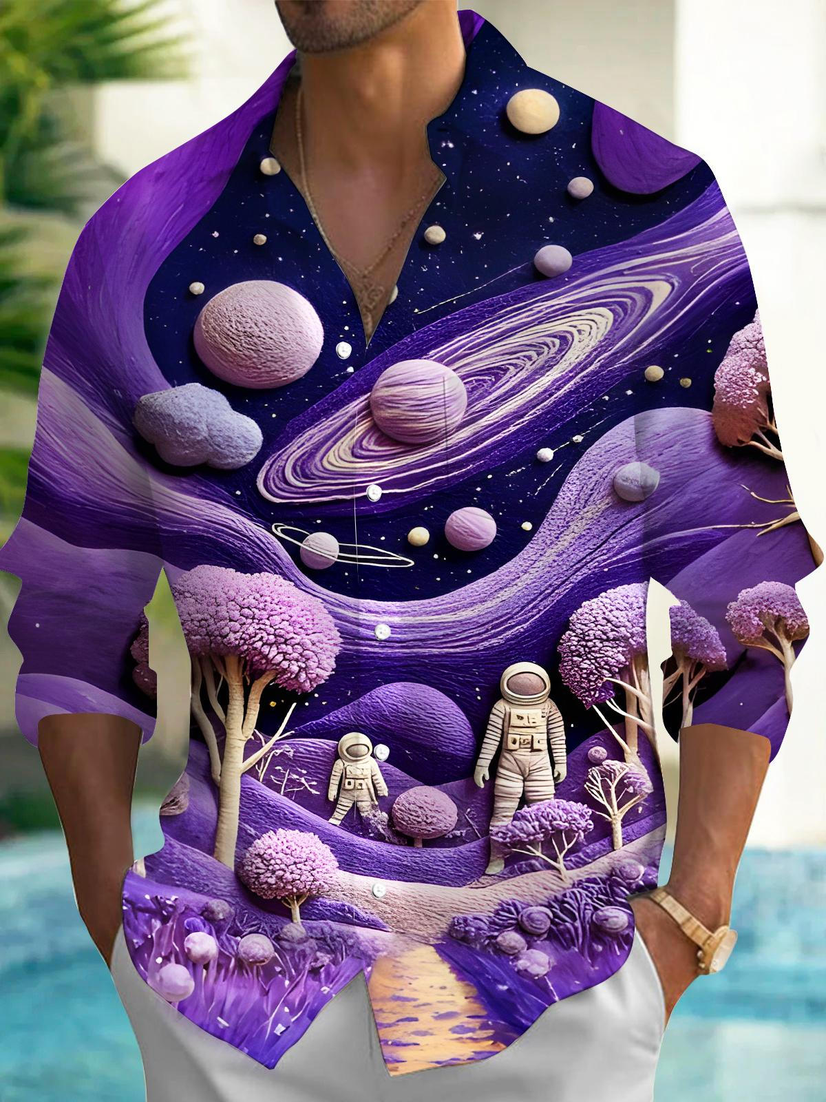 Dreamy Interstellar Space Astronaut Flower Tree Men's Pocket Long Sleeve Shirts