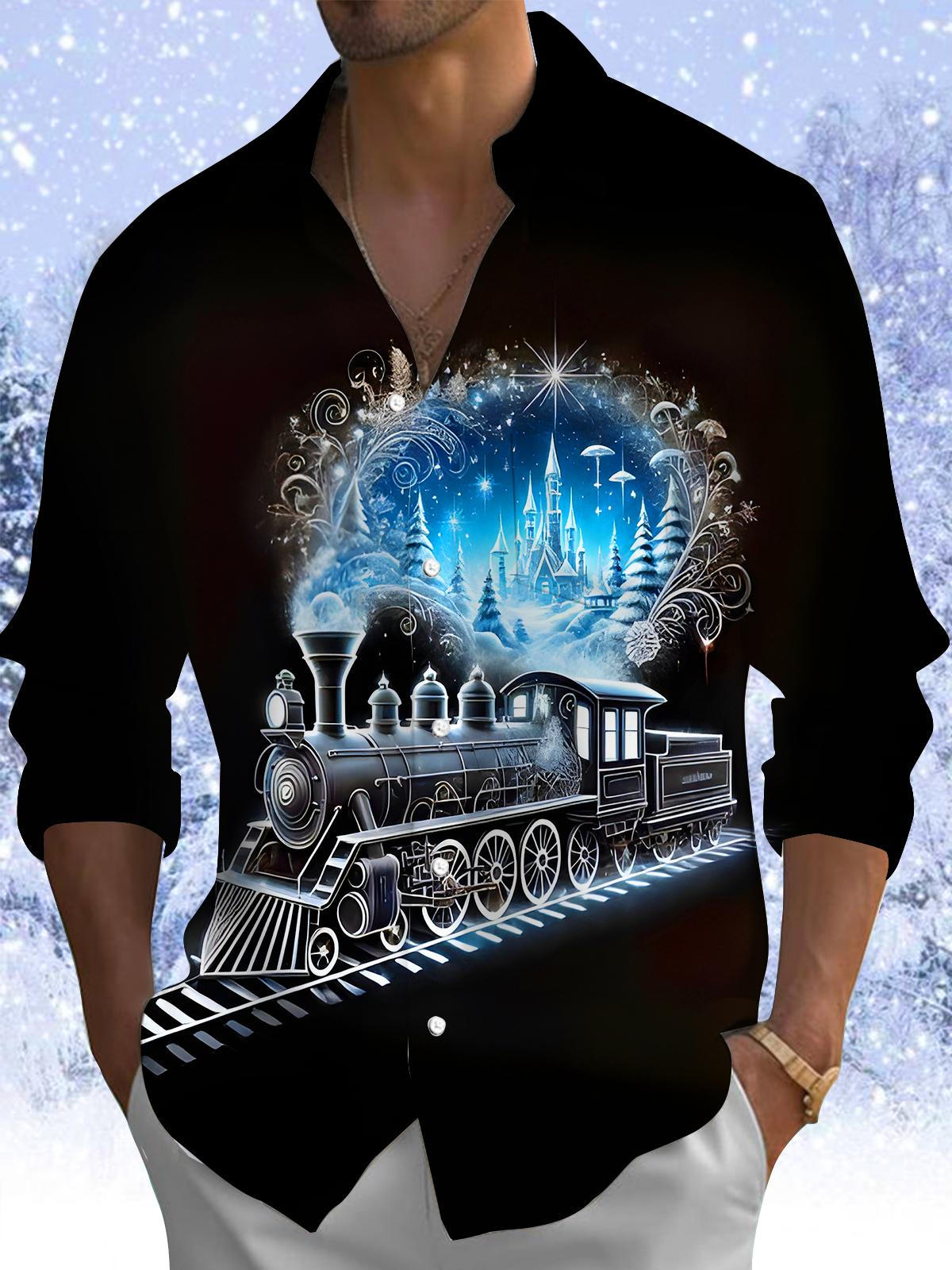 Winter Snow Scene Train Men's Pocket Long Sleeve Shirts