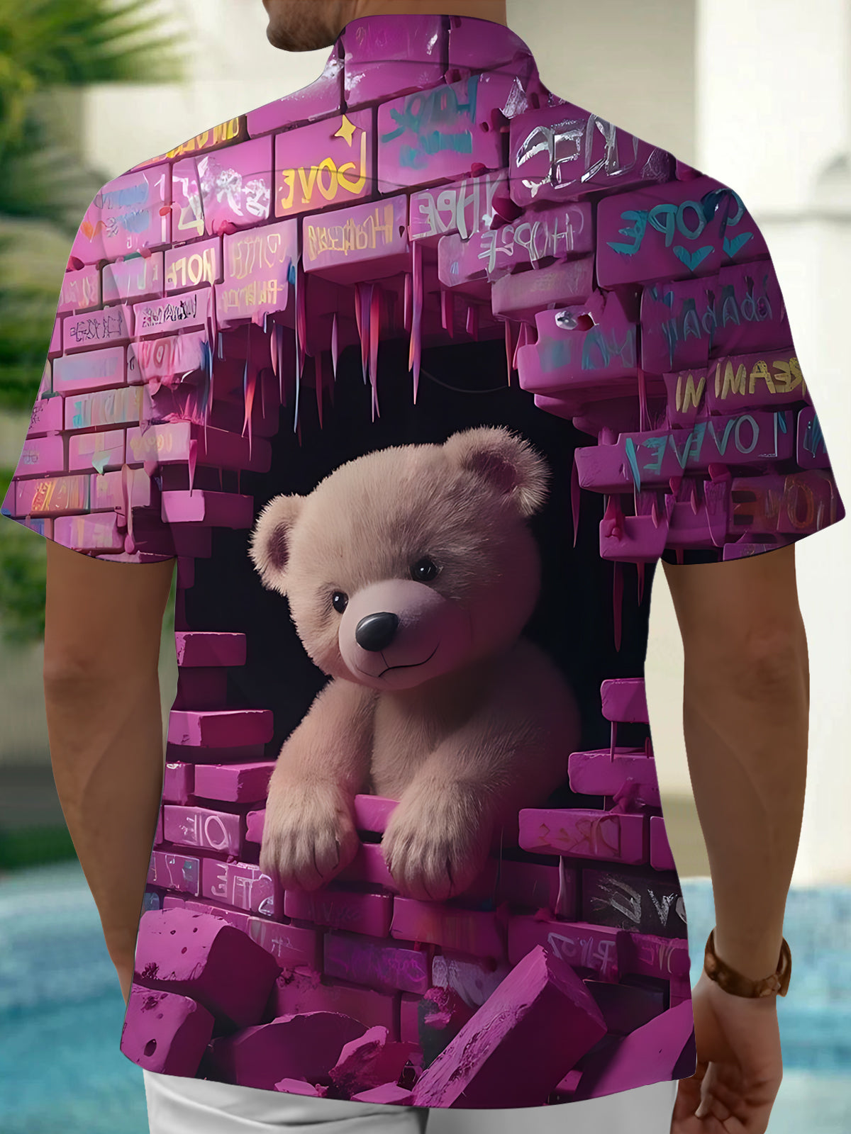 Funny Bear Print Men's Pocket Short Sleeve Shirts